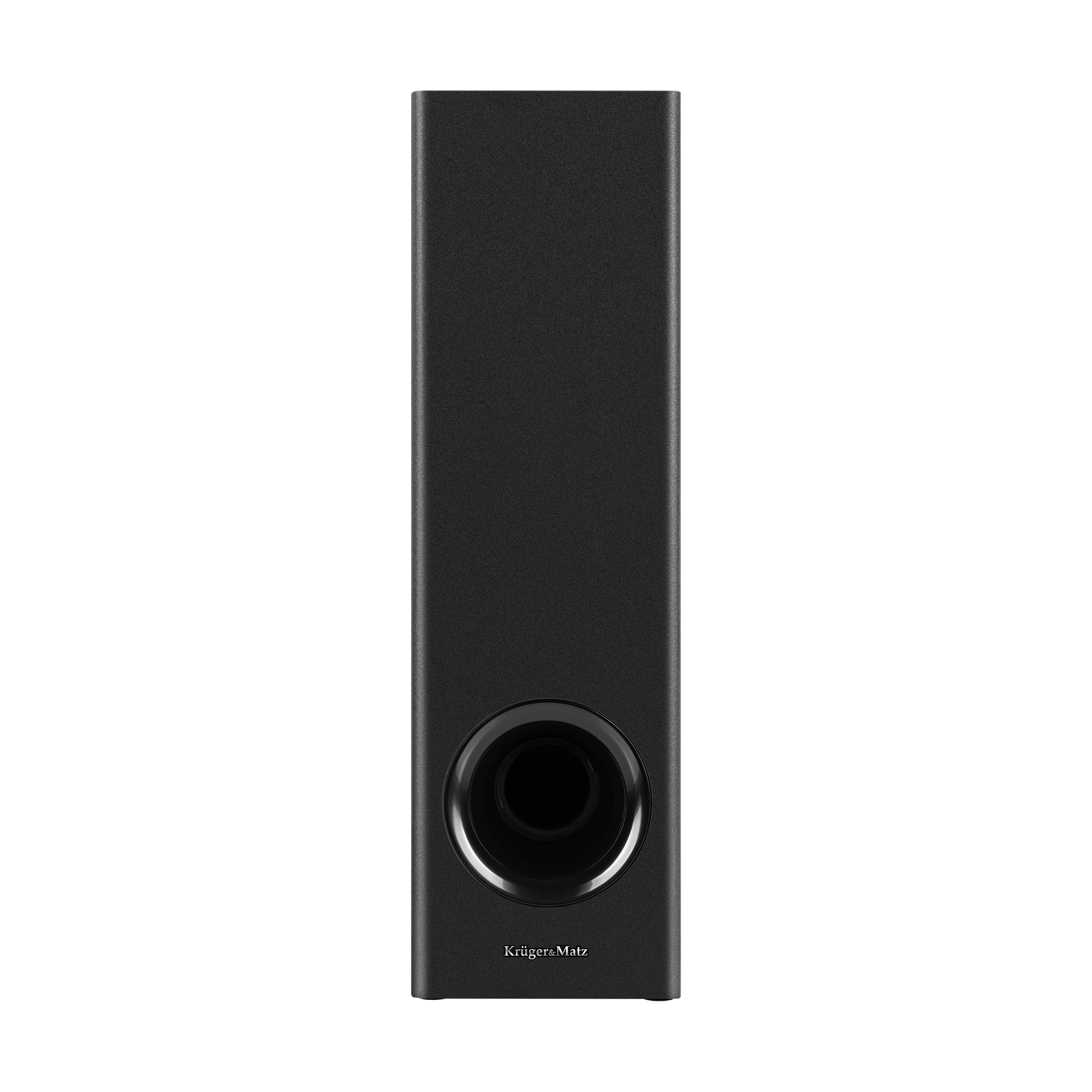 Elegancki, czarny subwoofer z okrągłym otworem bass-reflex na dole i logo marki Krüger&Matz.