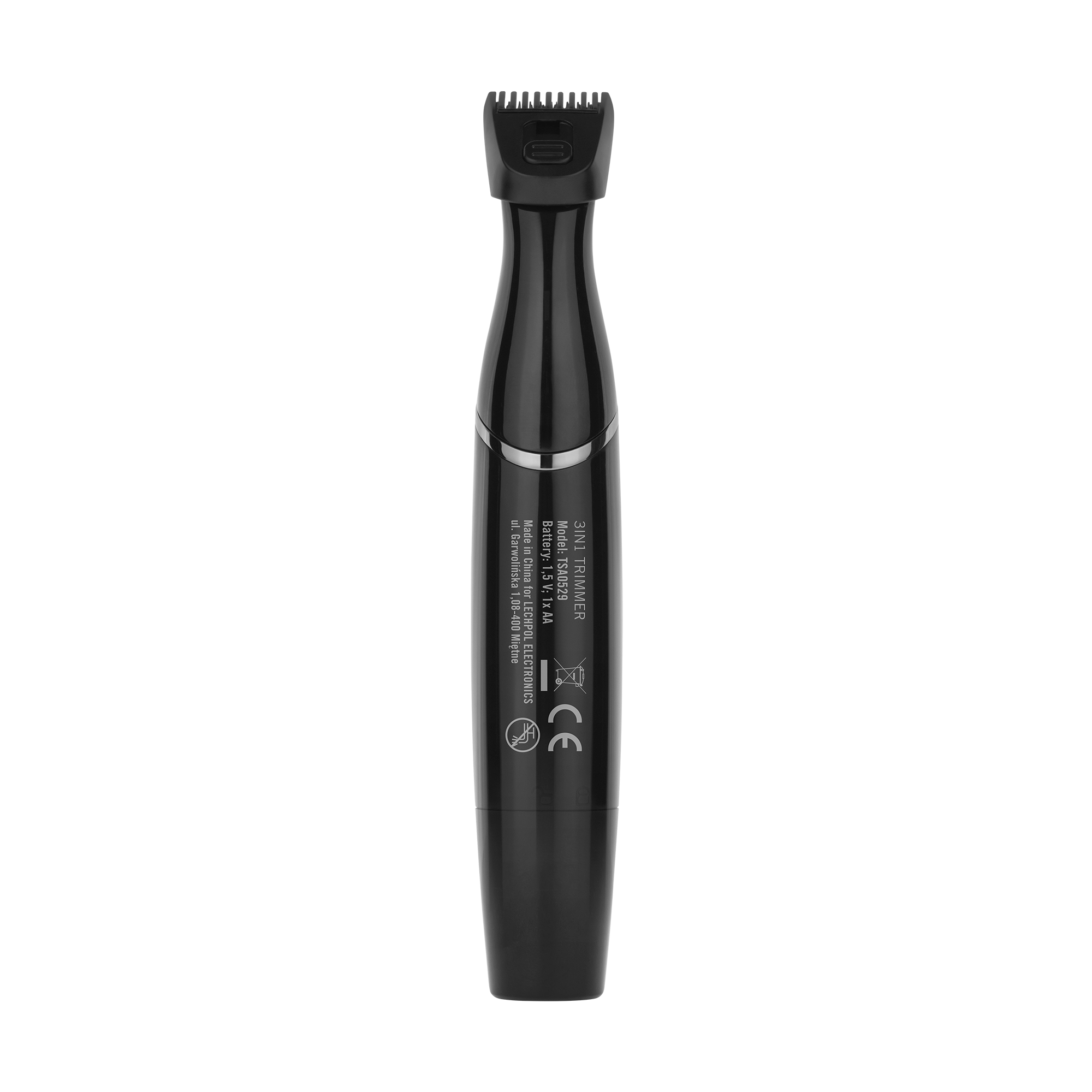 Czarny trymer 3 w 1 z nadrukowanymi szczegółami technicznymi na rączce, na czarnym tle.
