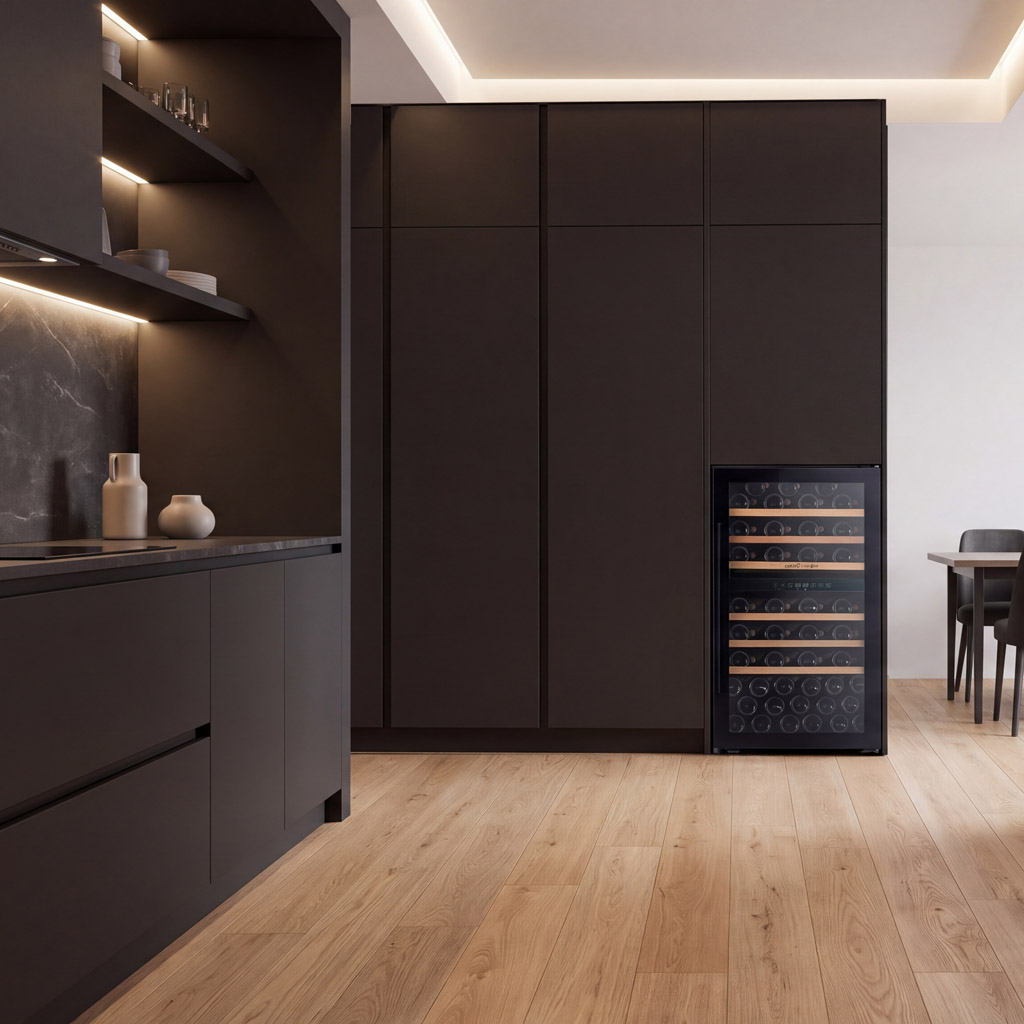 Moderna cocina negra con suelo de madera y vinoteca integrada en un mueble alto.