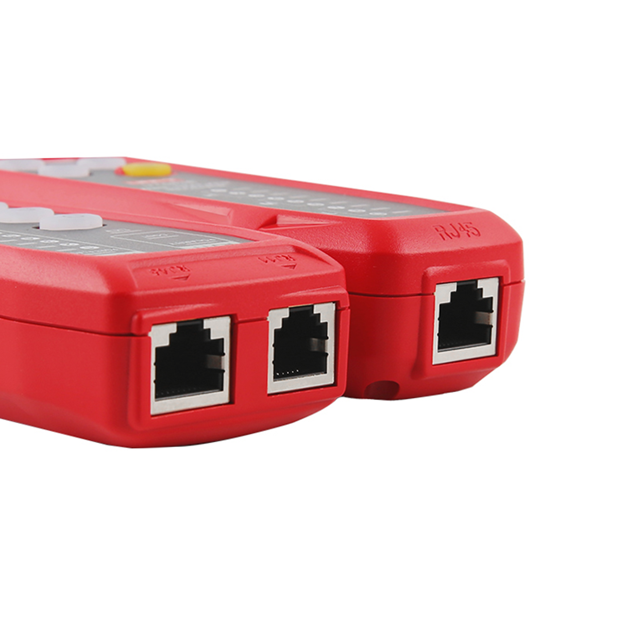 Dwa czerwone testery kabli sieciowych z portami RJ45 i RJ11 na białym tle.
