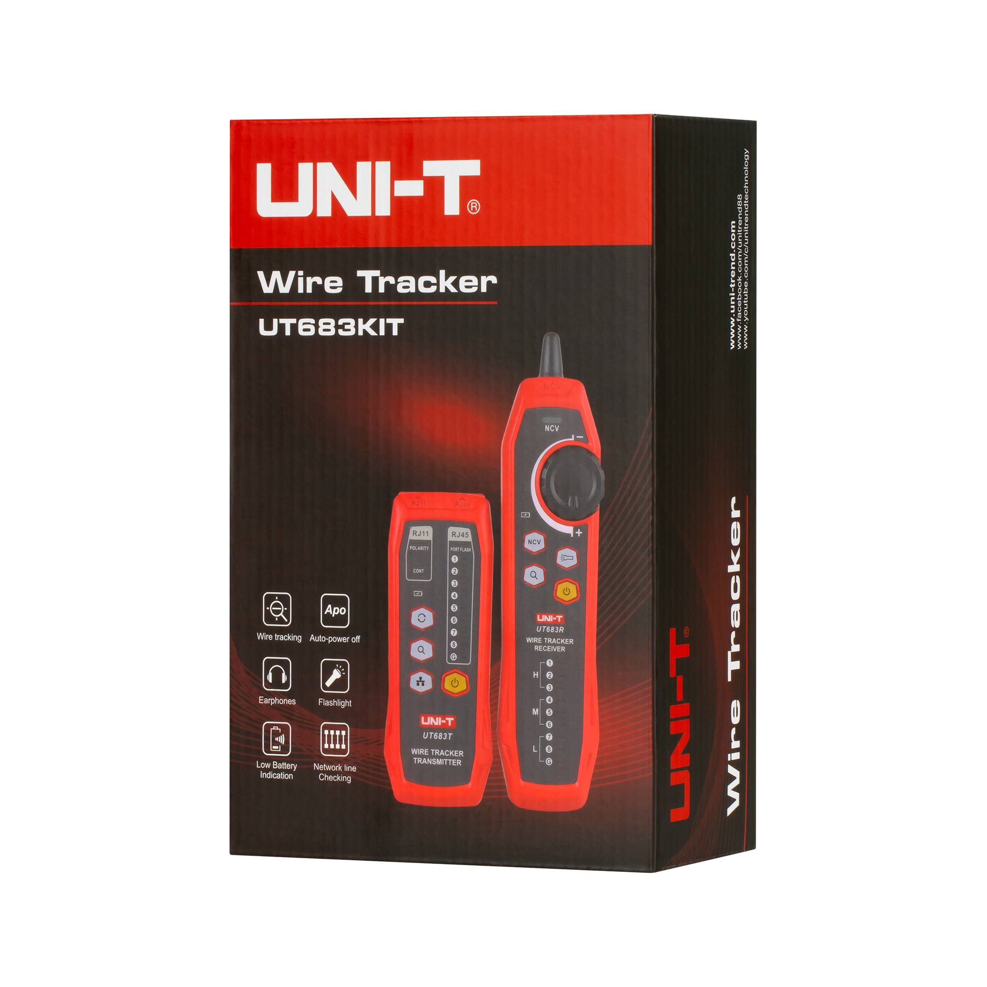 Pudełko produktu UNI-T Wire Tracker UT683KIT z czerwonym i czarnym nadajnikiem oraz odbiornikiem.