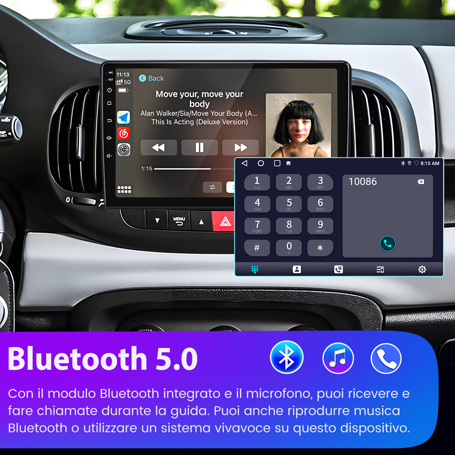 Cruscotto auto con schermo digitale per riproduzione musicale e tastierino telefonico.