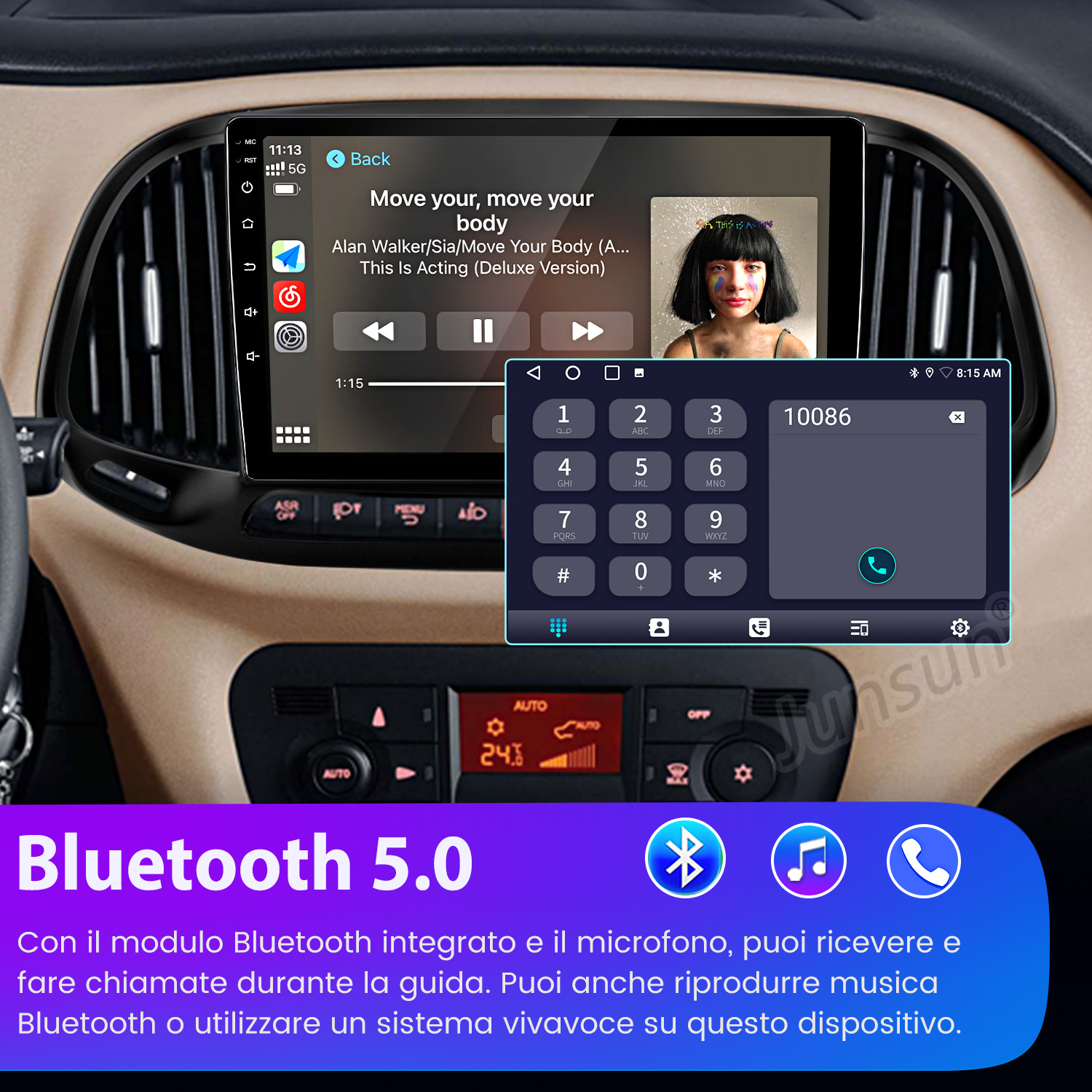 Autoradio touch mostra lettore musicale e tastierino, con testo Bluetooth 5.0 in basso.