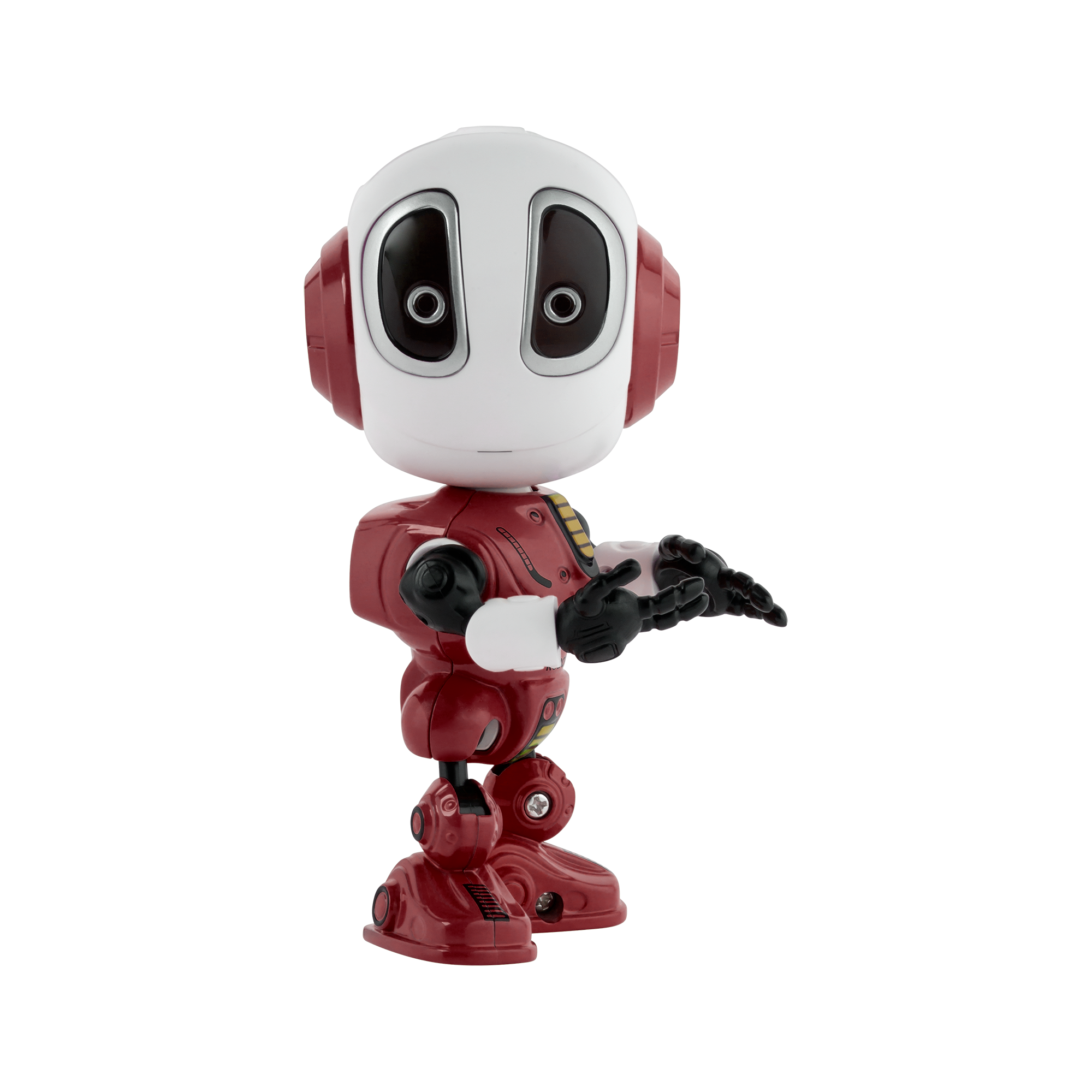 Mały biało-czerwony robot zabawka z dużymi czarnymi oczami gestykuluje do przodu.