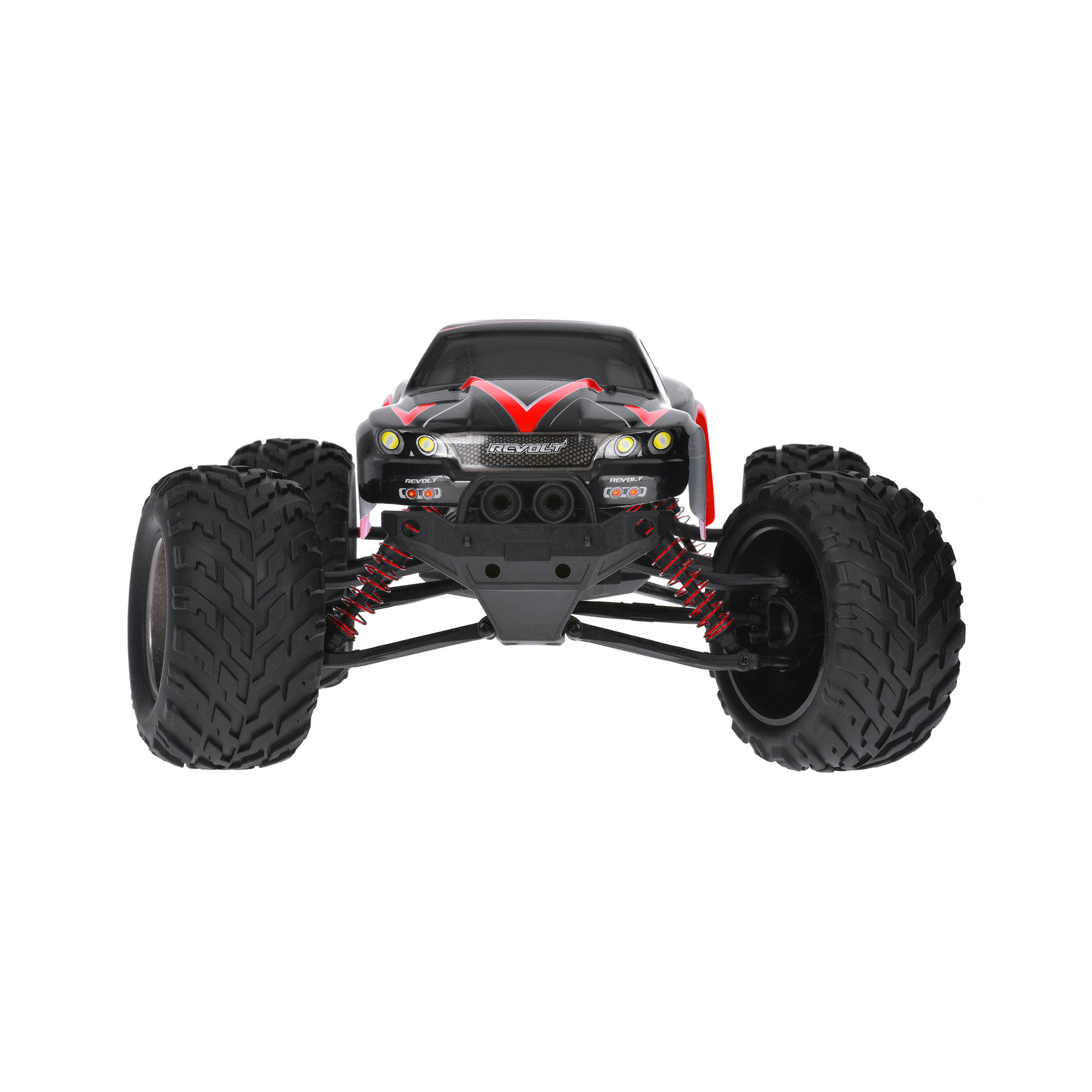 Widok z przodu czarno-czerwonego monster trucka RC z dużymi oponami i czerwonymi amortyzatorami na białym tle.