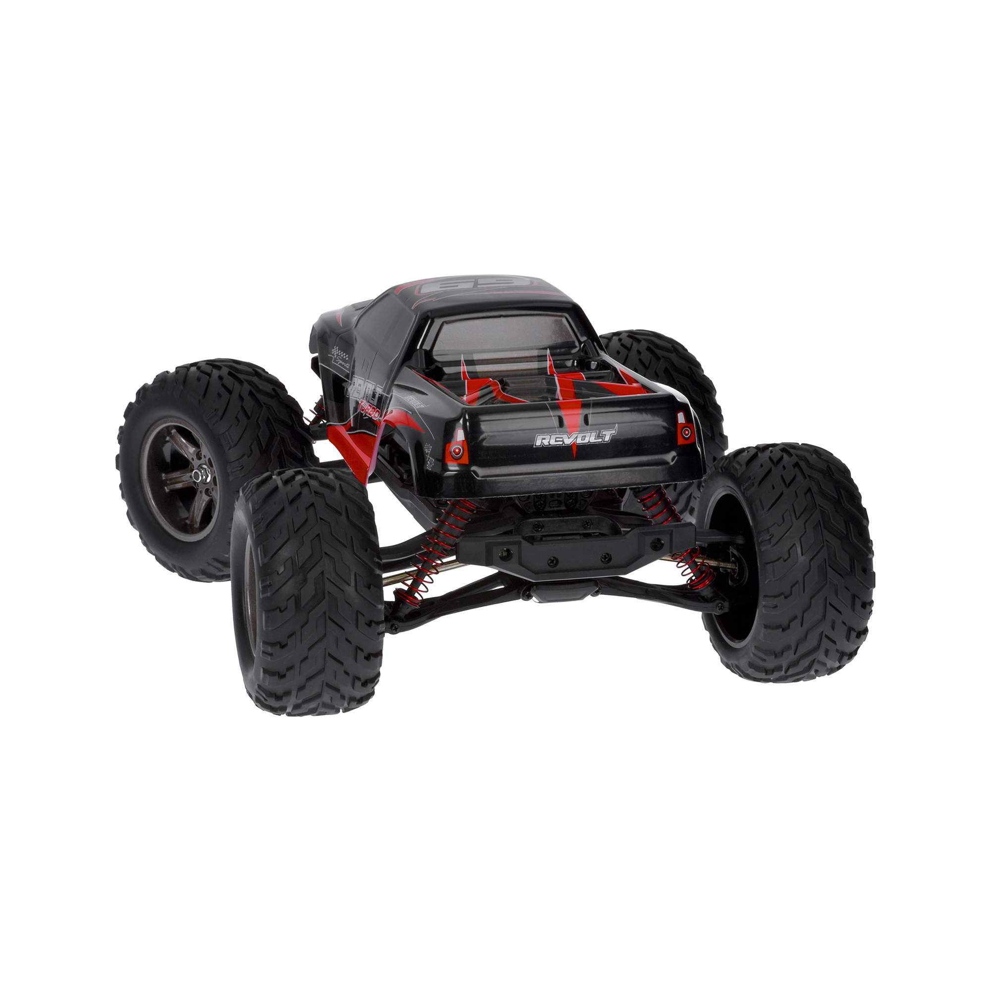 Czarny model samochodu monster truck RC z czerwonymi i szarymi akcentami, dużymi oponami z bieżnikiem i czerwonym zawieszeniem na białym tle.