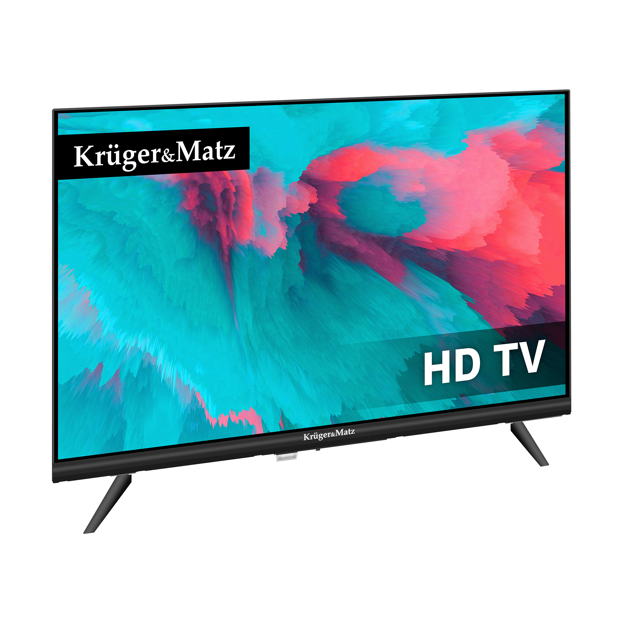 Czarny telewizor HD Krüger&Matz z kolorowym abstrakcyjnym wzorem na ekranie.