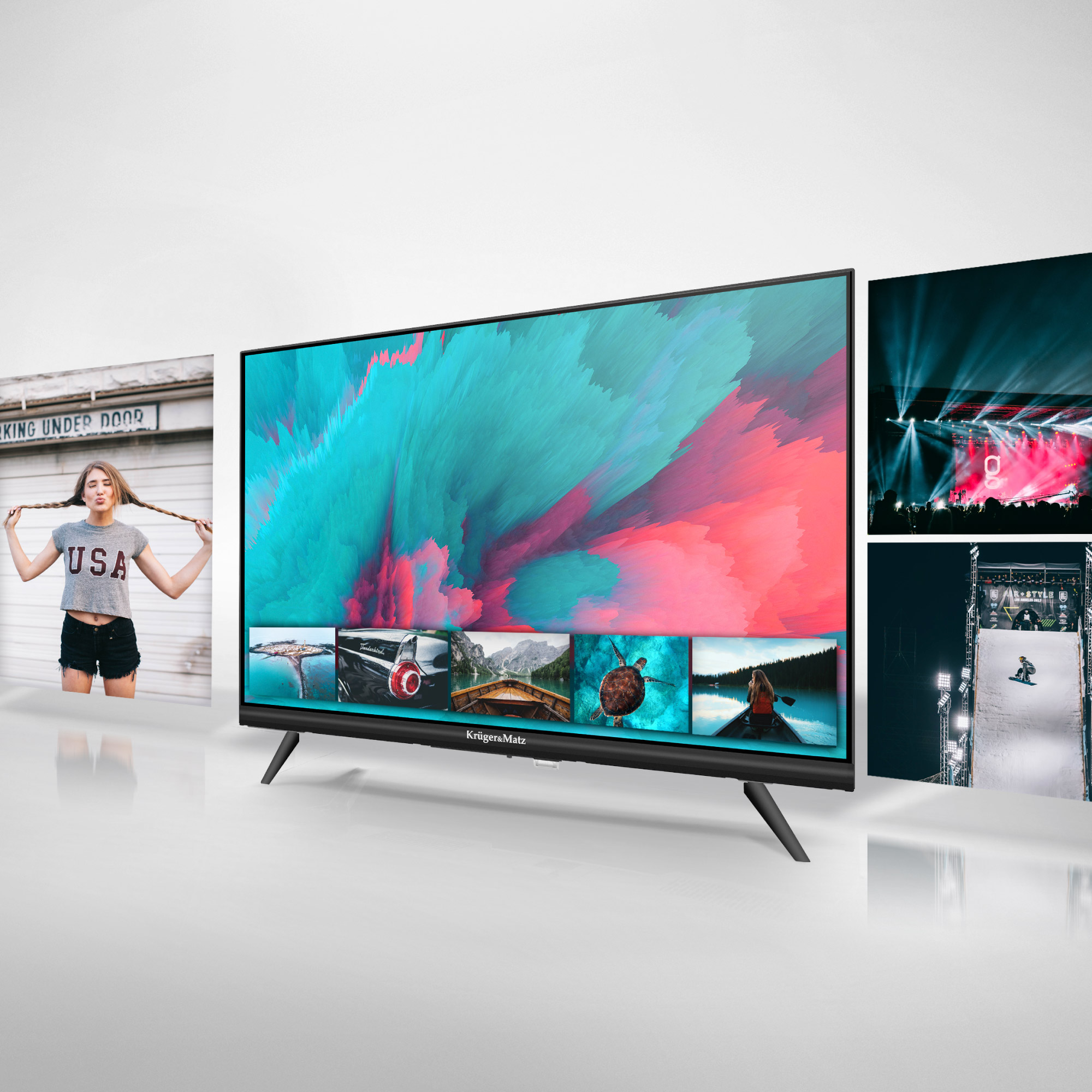 Duży czarny telewizor wyświetla kolorową grafikę, otoczony innymi zdjęciami na białym tle.