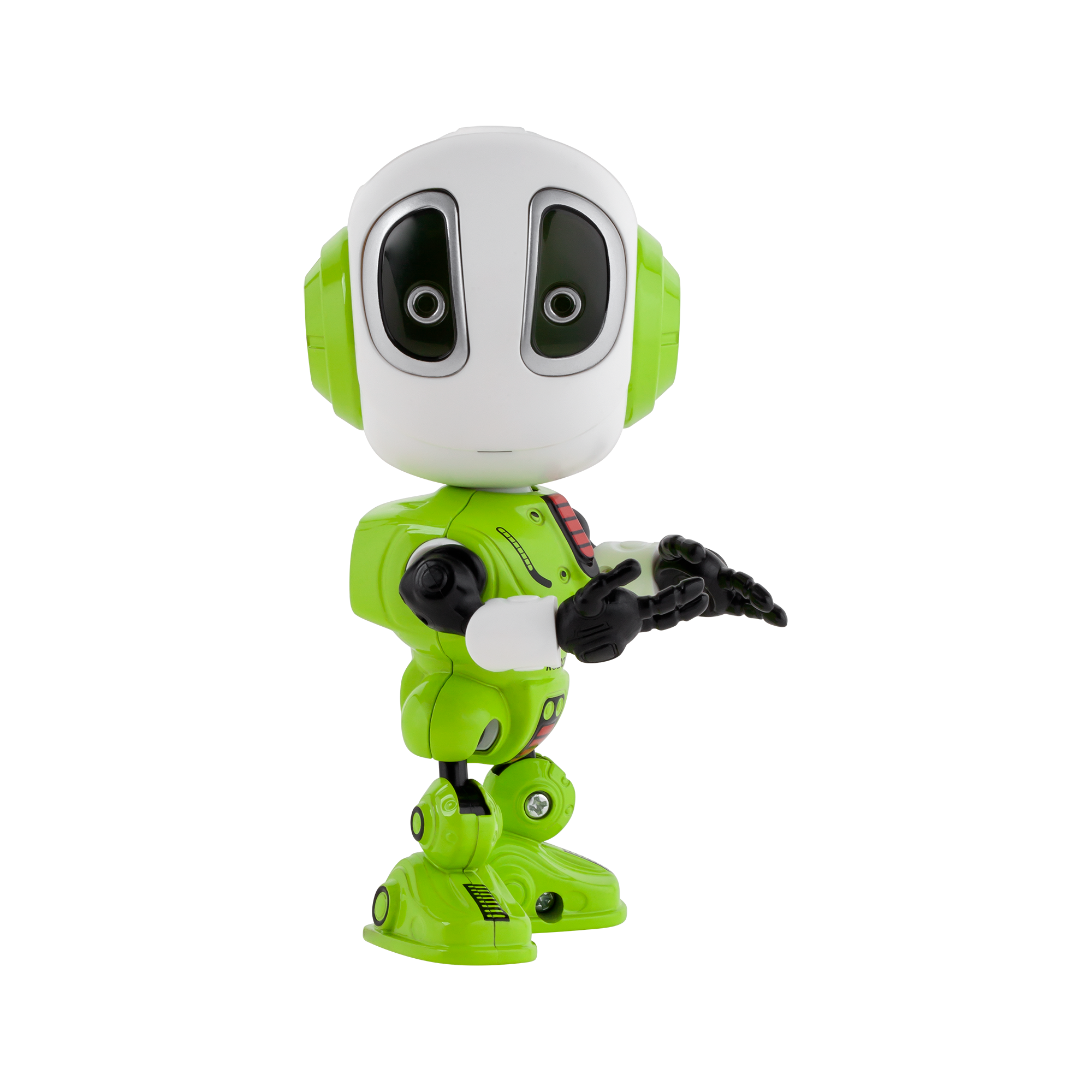 Uroczy zielono-biały robot z dużymi okrągłymi oczami gestykuluje na czarnym tle.