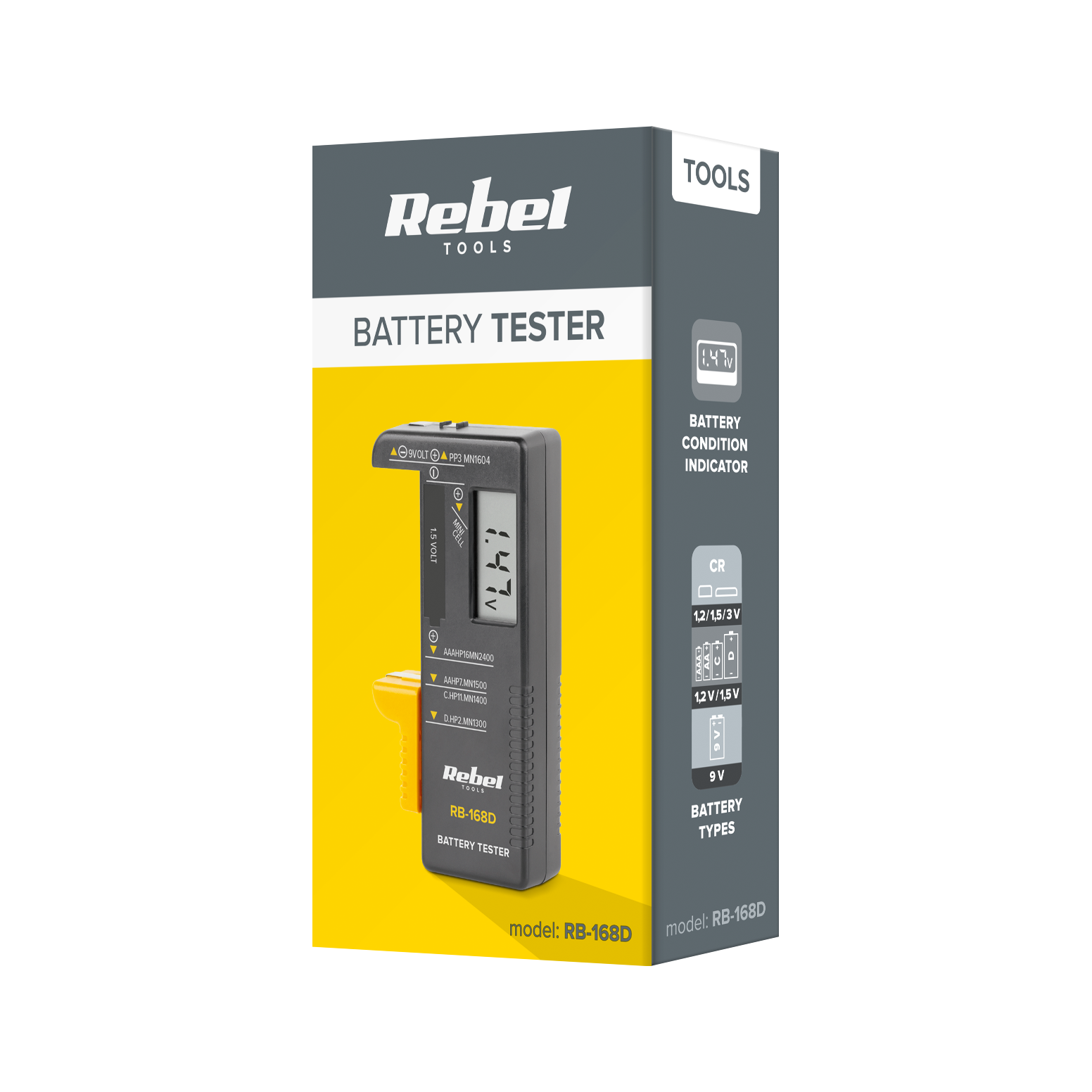 Szaro-żółte opakowanie testera baterii Rebel Tools, model RB-168D.