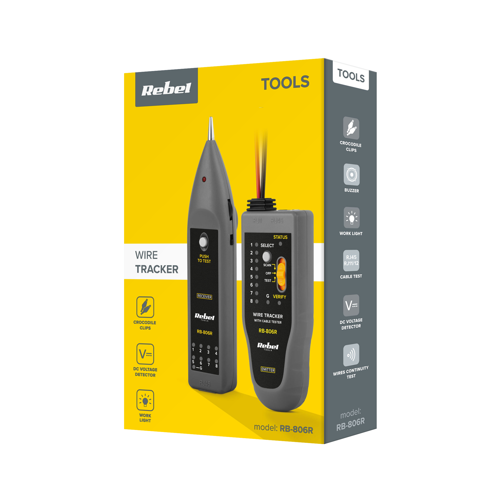 Żółte opakowanie produktu Rebel Wire Tracker RB-806R z nadajnikiem i odbiornikiem.