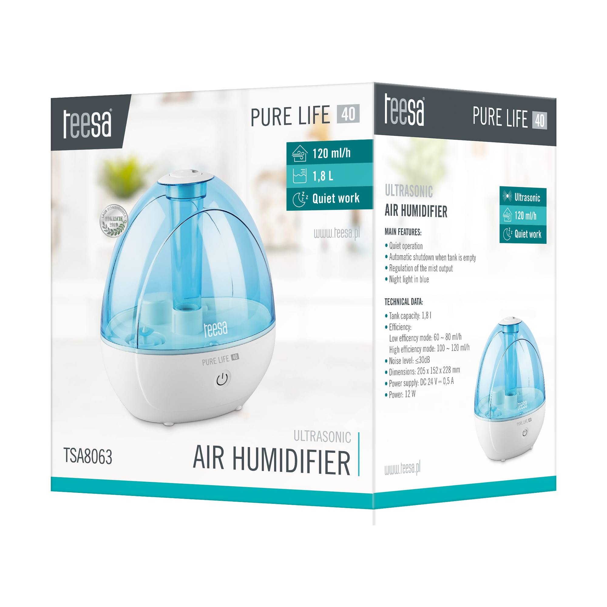 Téesa Pure Life 40 ultrahangos páramentesítő doboza, rajta a kék-fehér készülékkel.