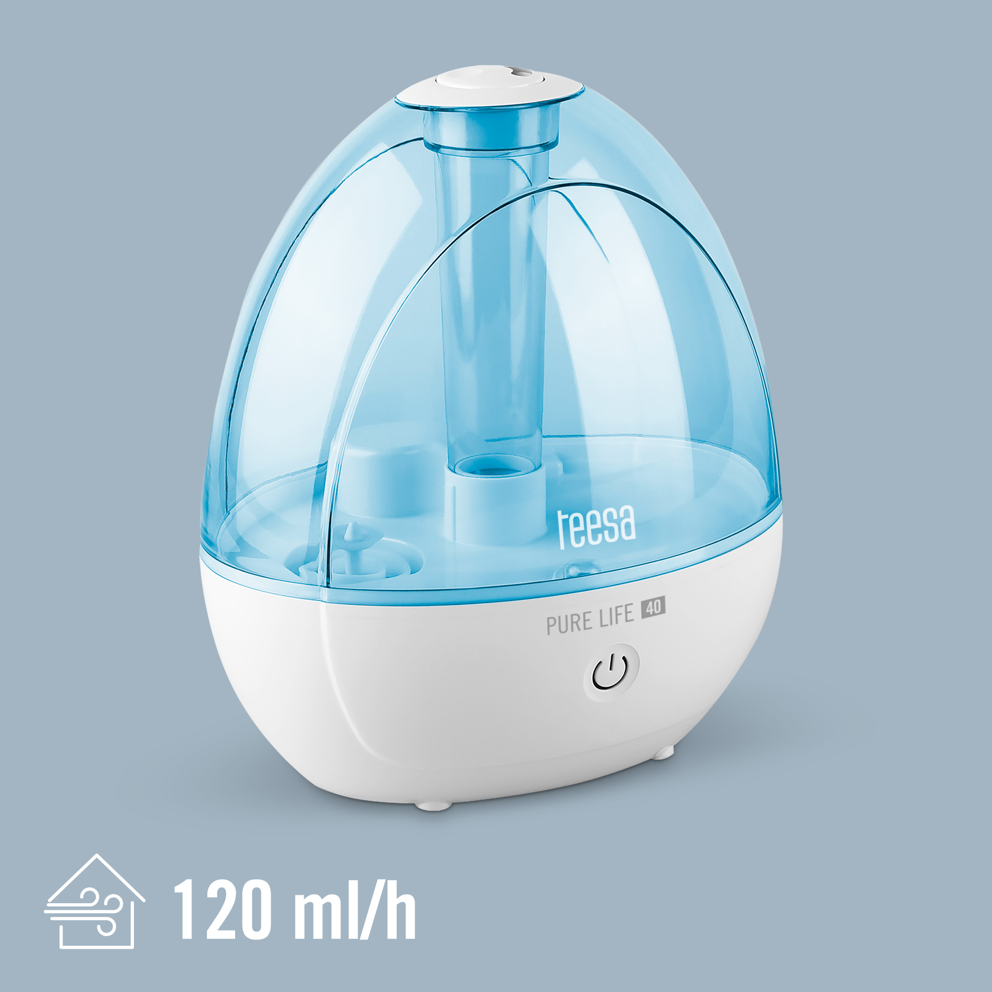 Fehér és kék párásító szürke háttéren, PURE LIFE 40 és 120 ml/h felirattal.
