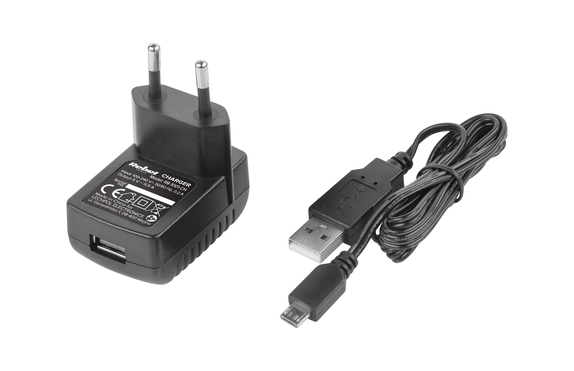 Czarna ładowarka sieciowa USB i czarny kabel USB ze złączami standardowymi i mikro-USB.