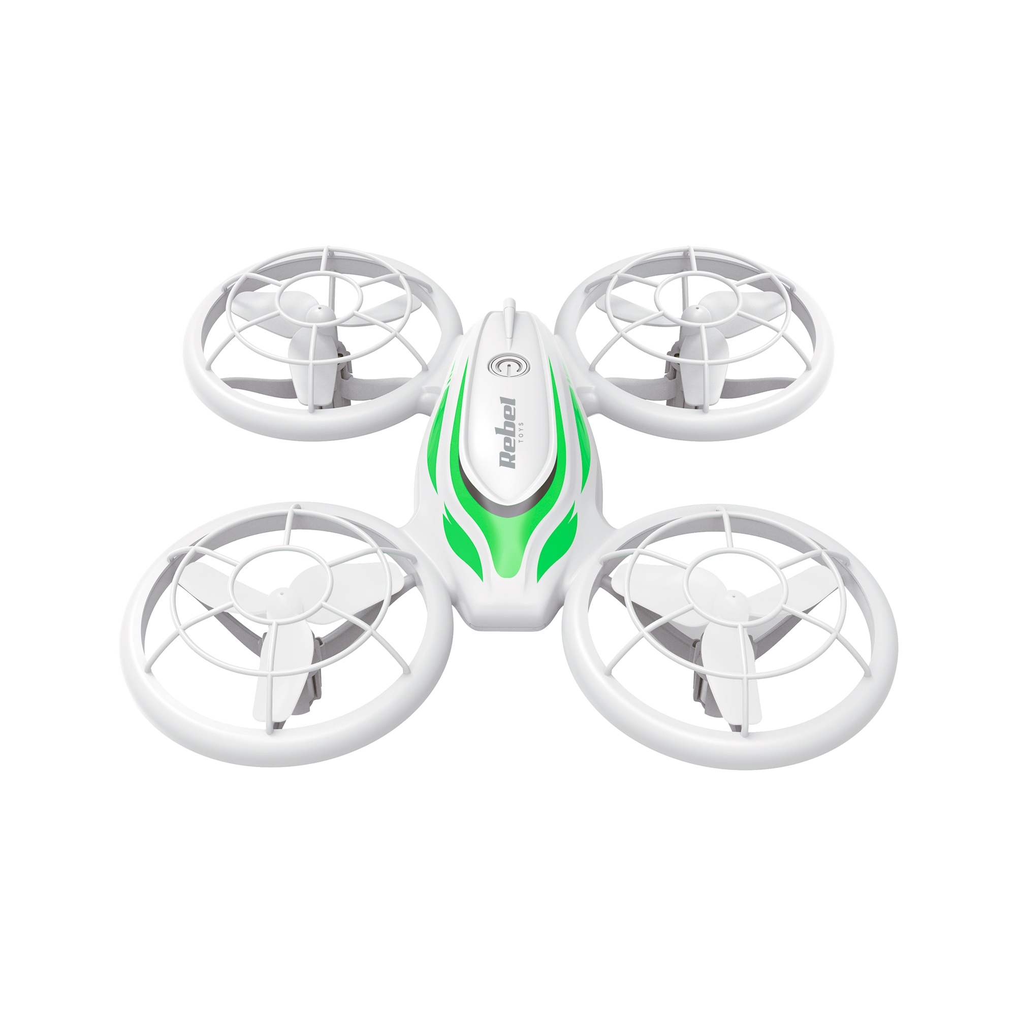 Biało-zielony dron zabawkowy z czterema śmigłami i osłonami na białym tle.