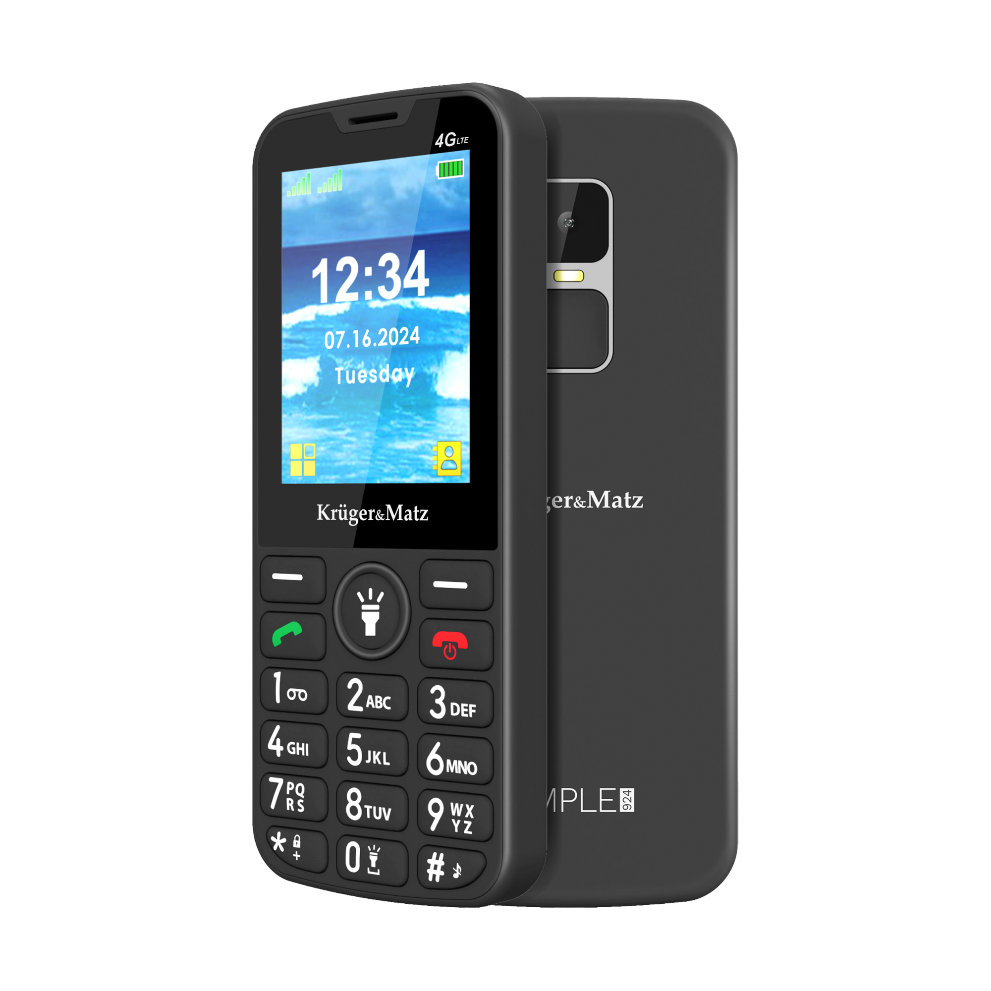 Czarny telefon komórkowy z fizyczną klawiaturą i kolorowym ekranem z tapetą plażową, pokazany z przodu i z tyłu.
