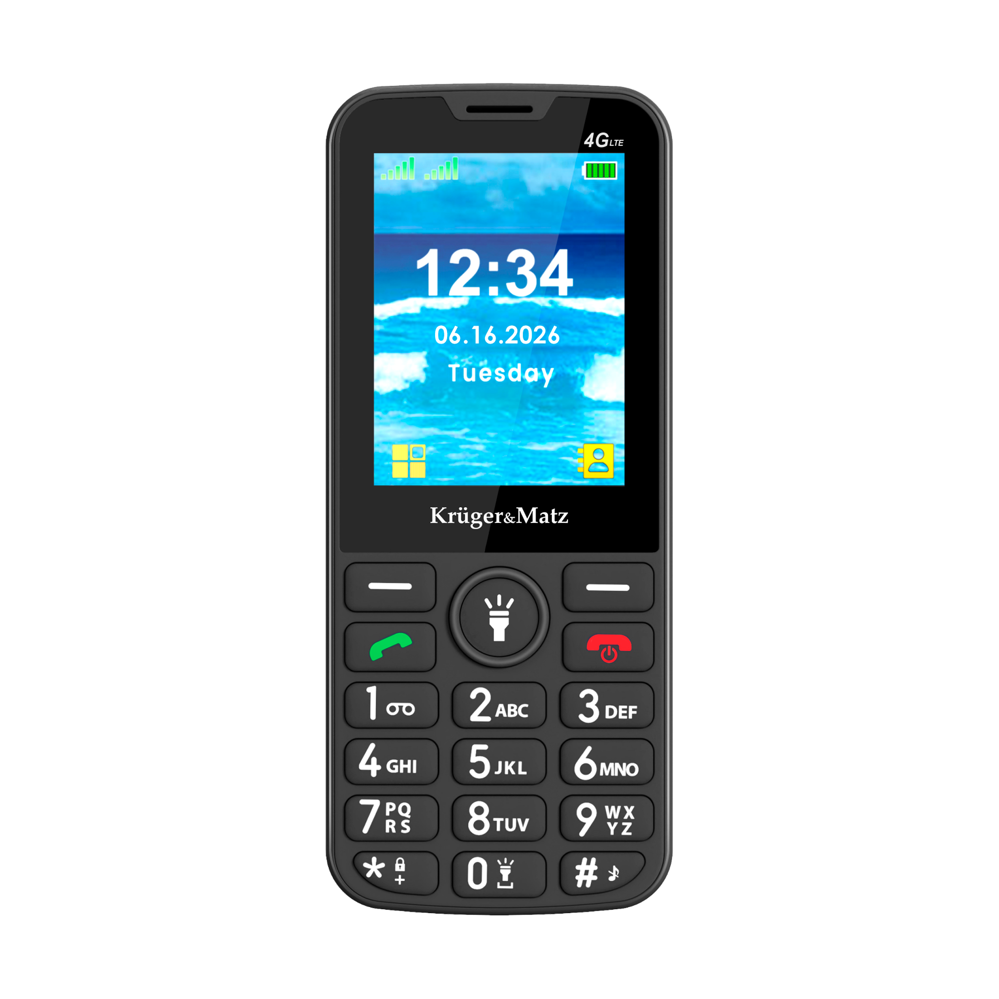 Czarny telefon z klawiszami, niebieskim zdjęciem plaży na ekranie i klawiaturą.