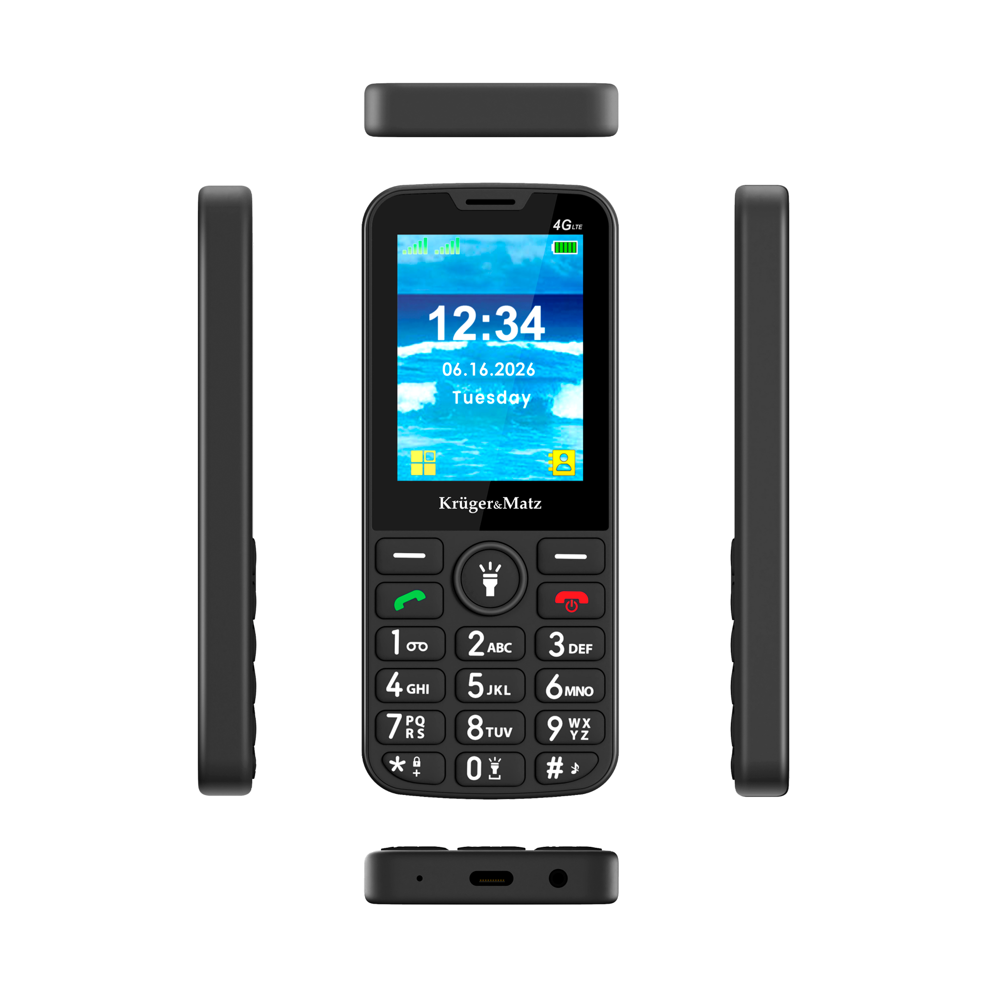 Czarny telefon komórkowy Kruger&Matz z kolorowym ekranem, klawiaturą fizyczną i widokami pod wieloma kątami.