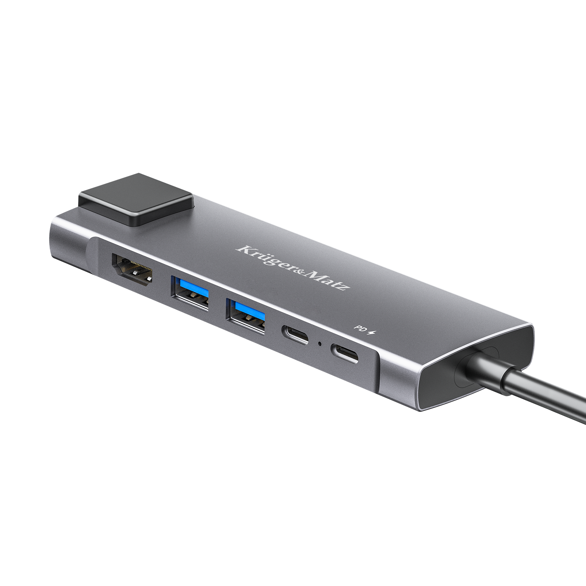 Szary hub USB-C Kruger&Matz z wieloma portami, HDMI i kablem na czarnym tle.