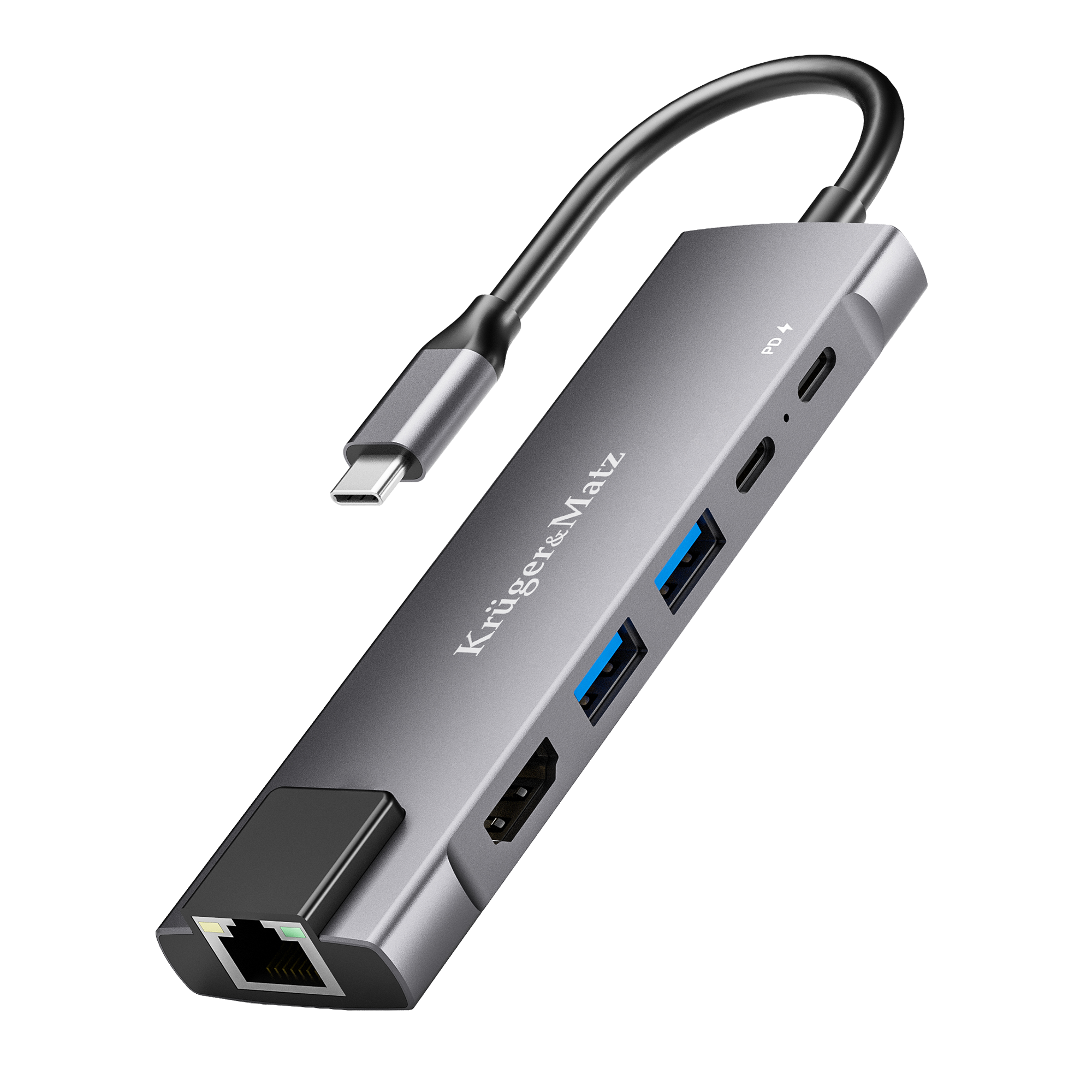 Szary hub wieloportowy USB-C Kruger&Matz z dołączonym kablem na czarnym tle.