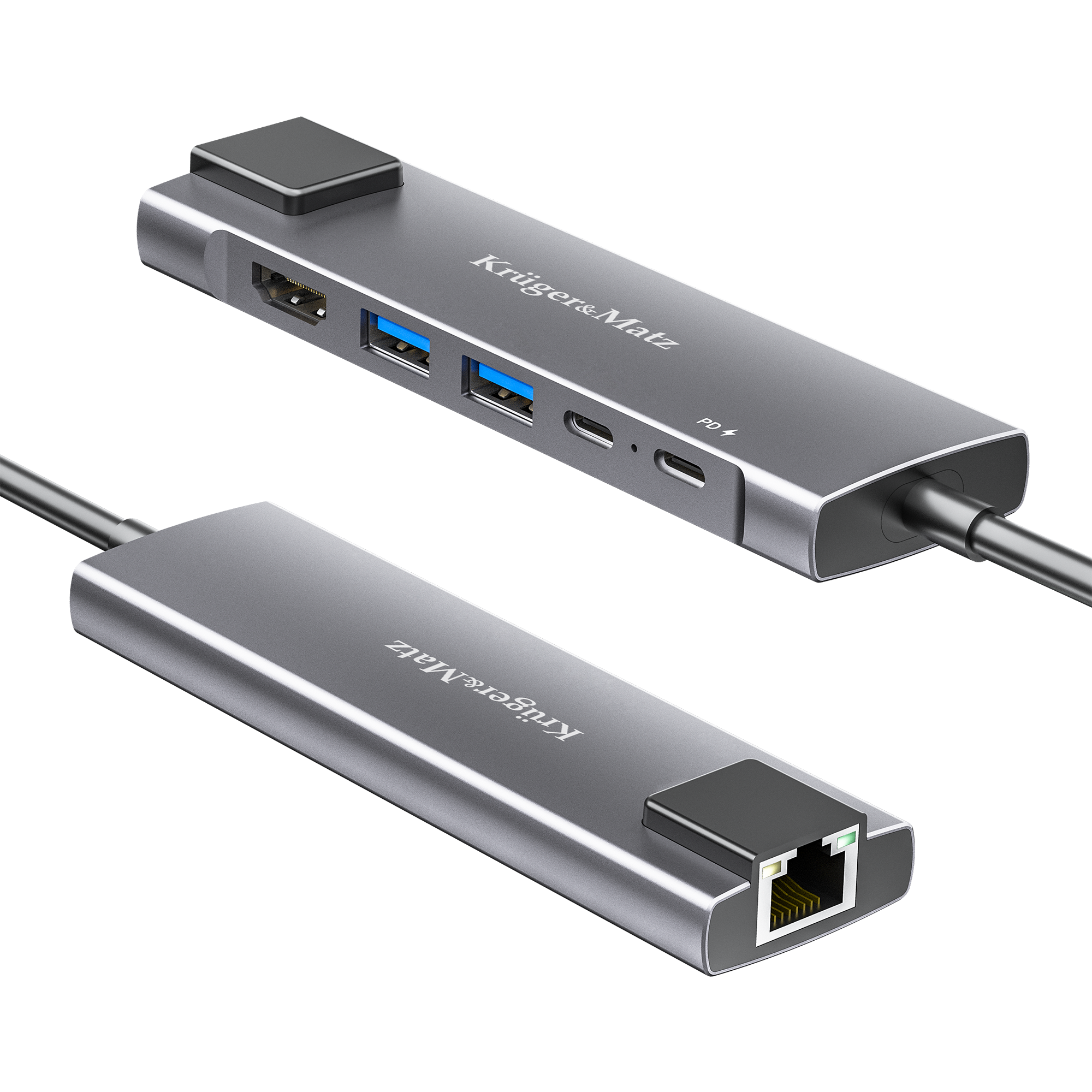 Szary hub USB-C Kruger&Matz z portami HDMI, USB-A, USB-C i Ethernet na czarnym tle.