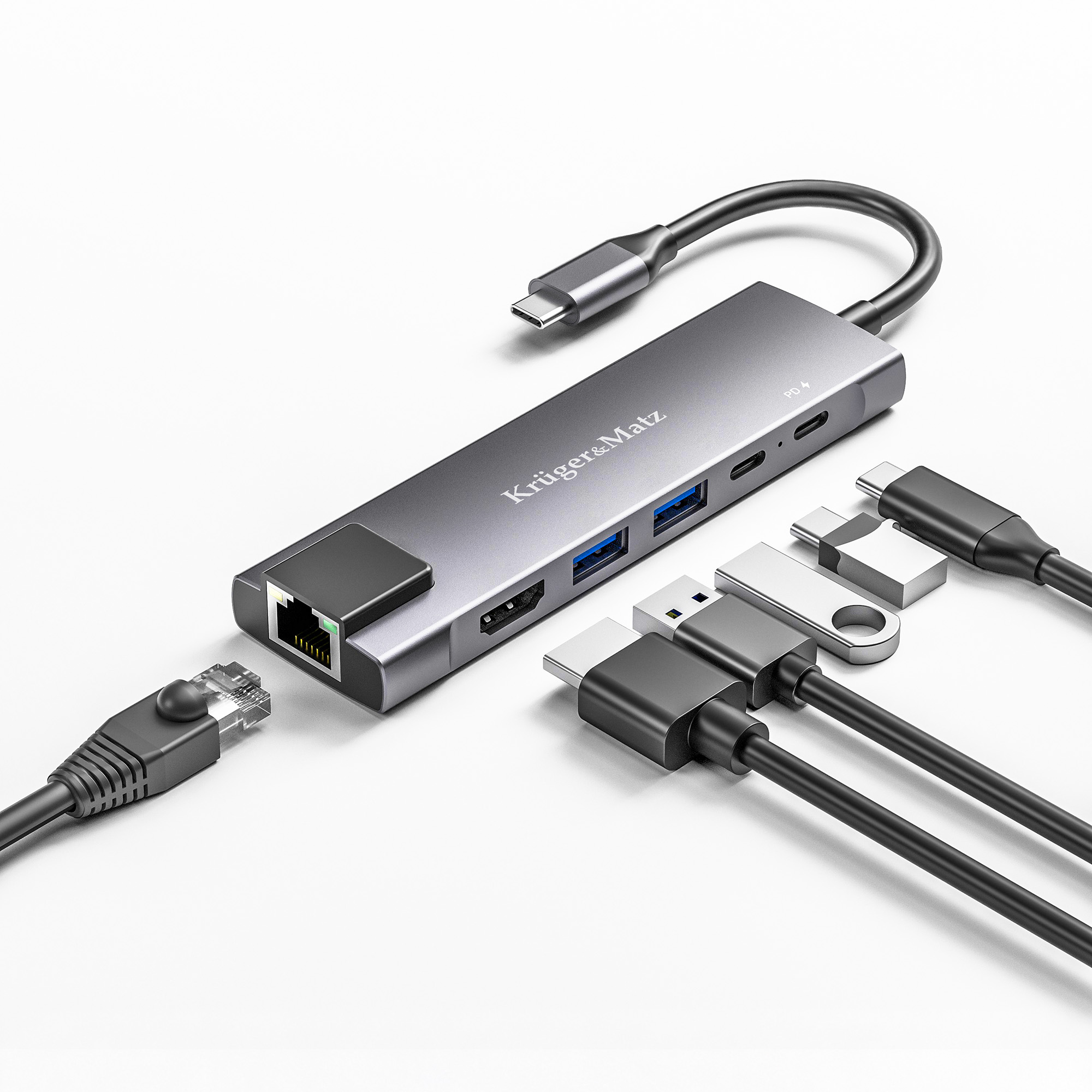 Szary hub USB-C z różnymi podłączonymi kablami i adapterami na białym tle.