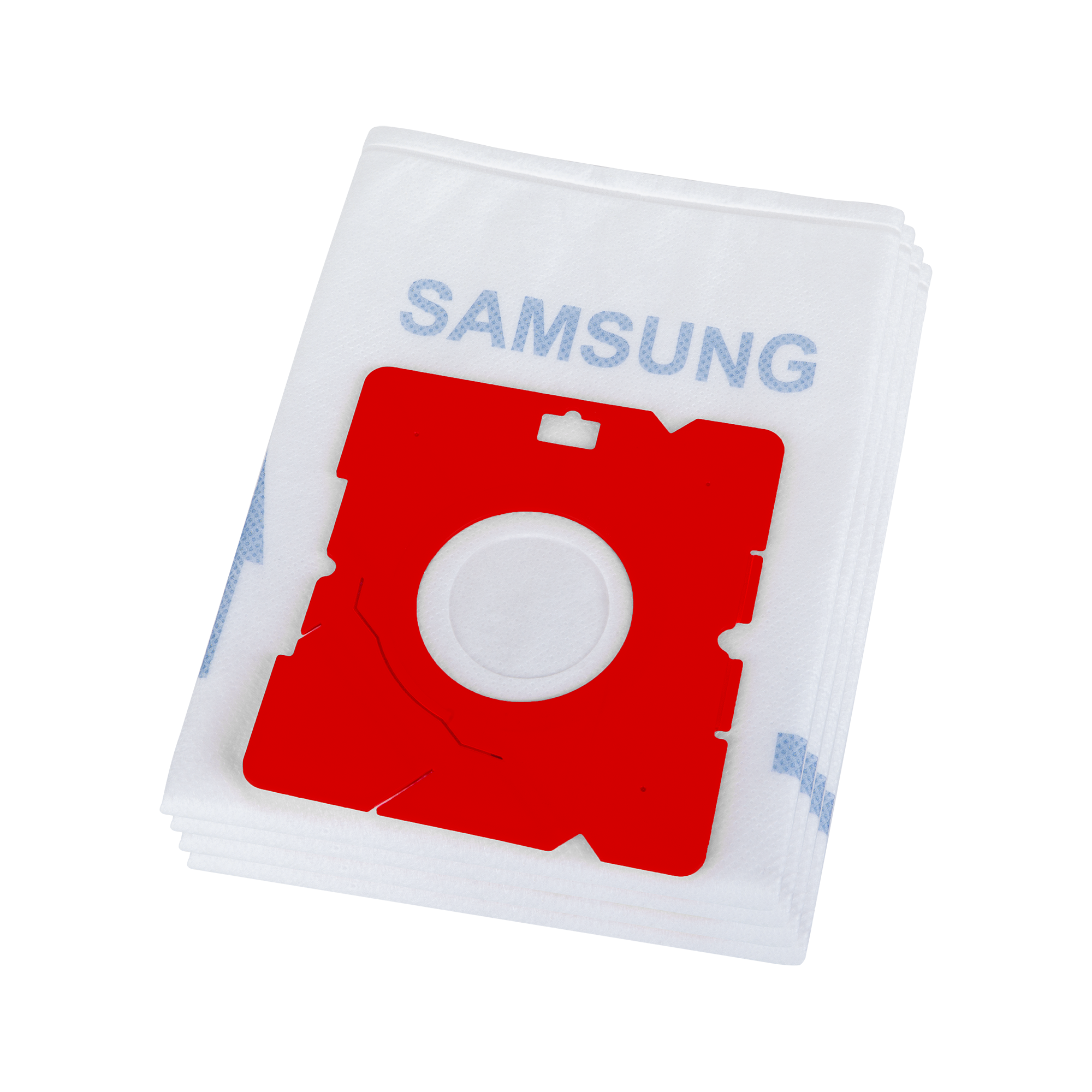 Stos białych worków do odkurzacza Samsung z czerwonym tekturowym kołnierzem na czarnym tle.