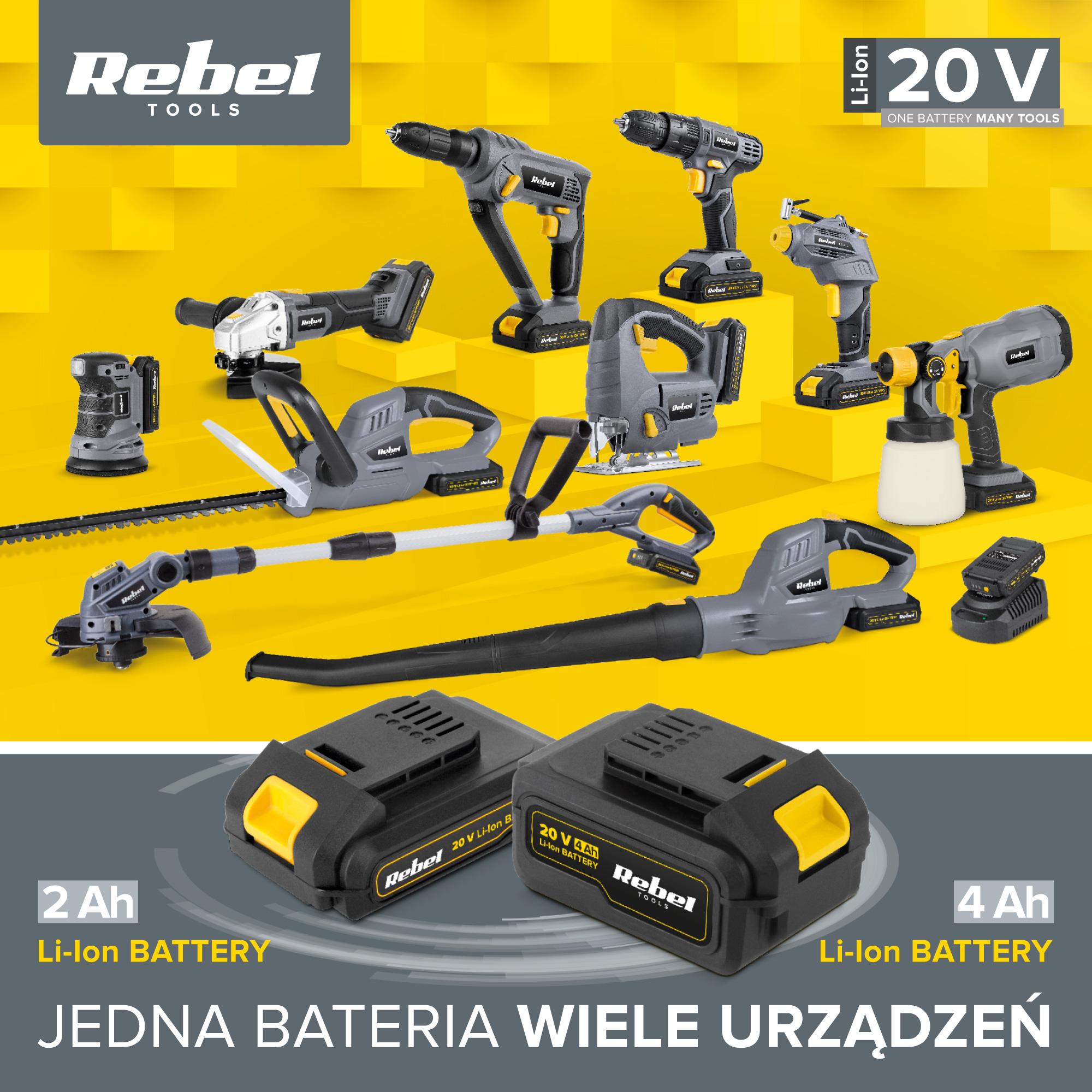 Kolekcja szaro-żółtych elektronarzędzi i akumulatorów Rebel na żółto-szarym tle.
