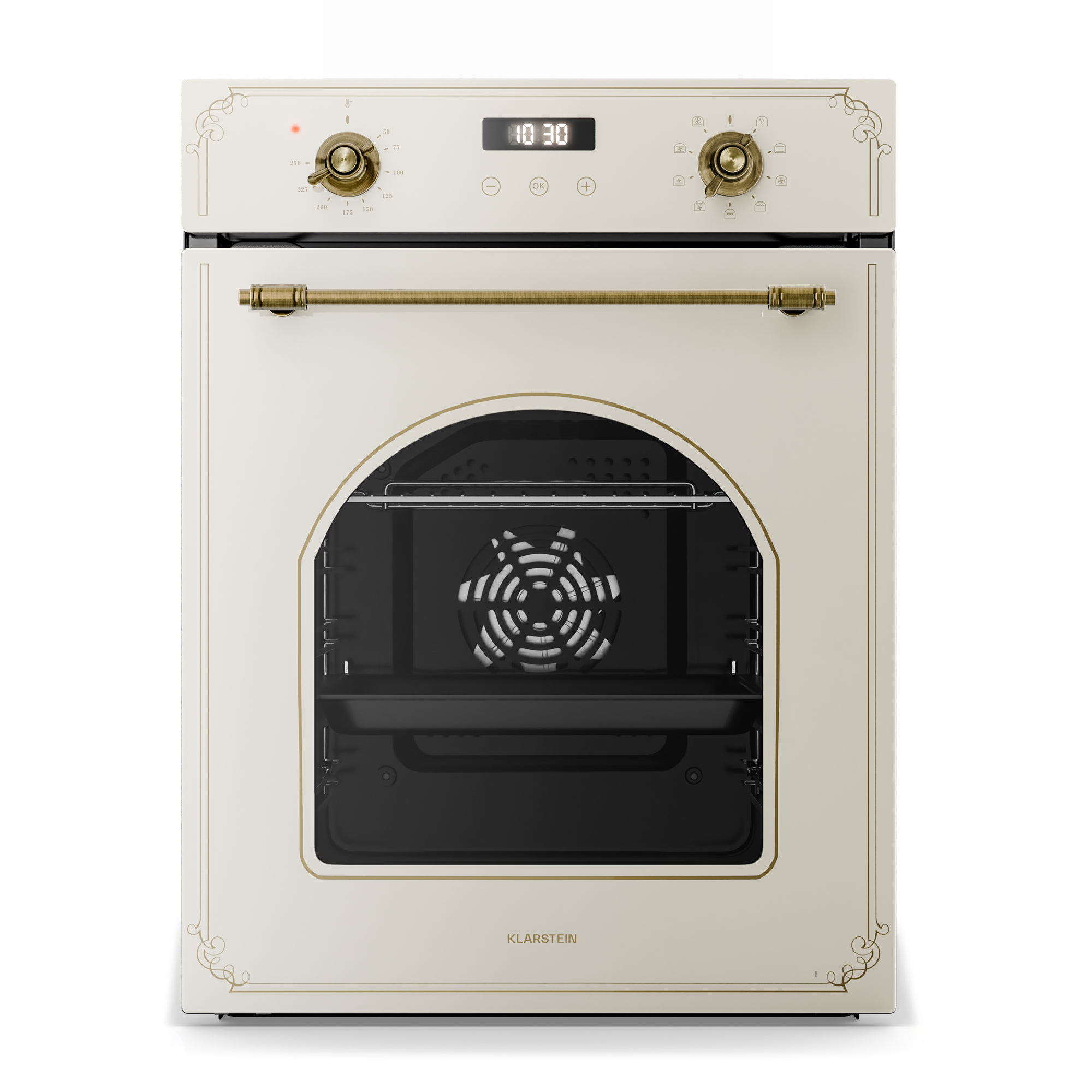 Forno da incasso retrò color crema con manopole, maniglie e linee decorative dorate sulla parte anteriore.