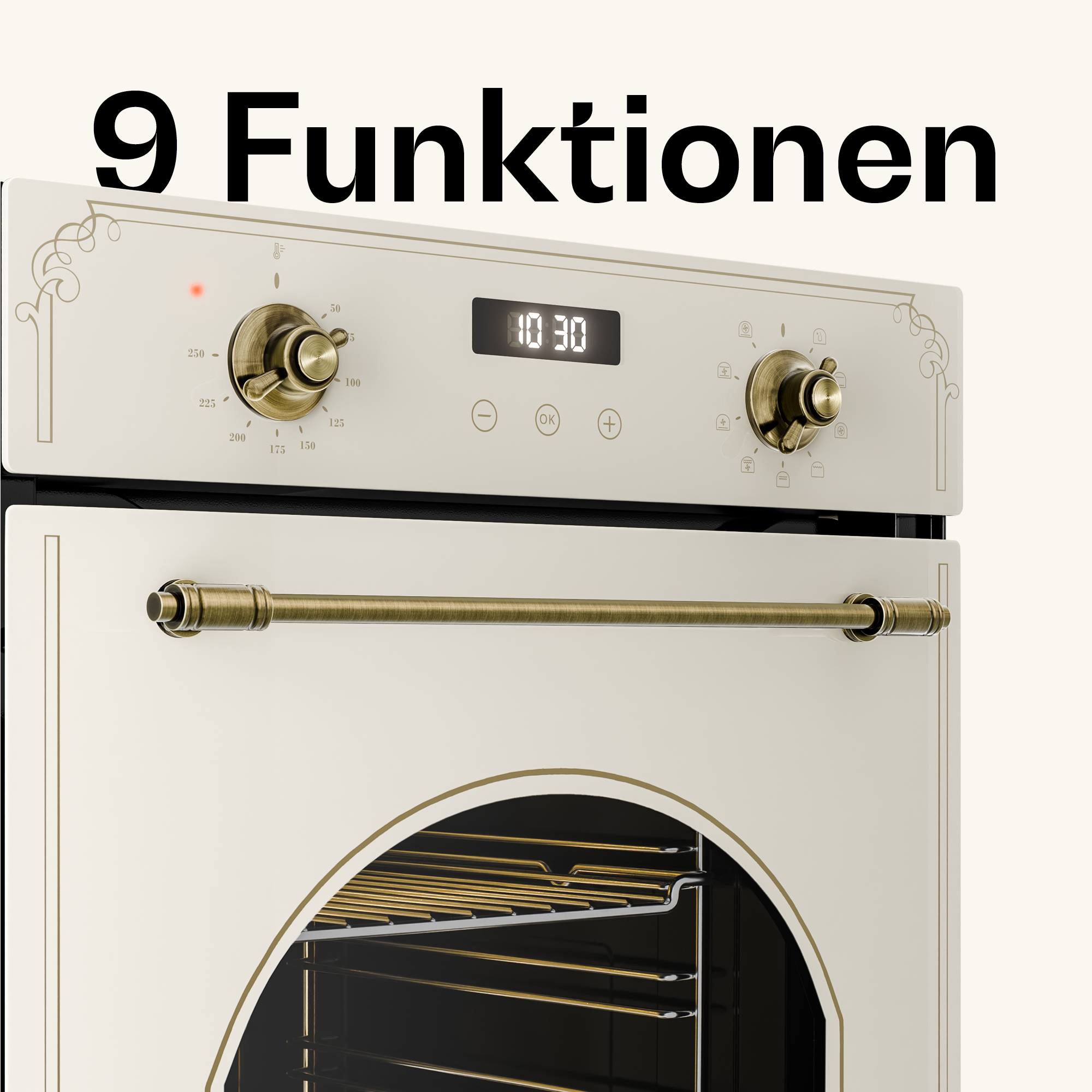 Forno crema con manopole e maniglia in bronzo, display digitale e testo 9 Funktionen.