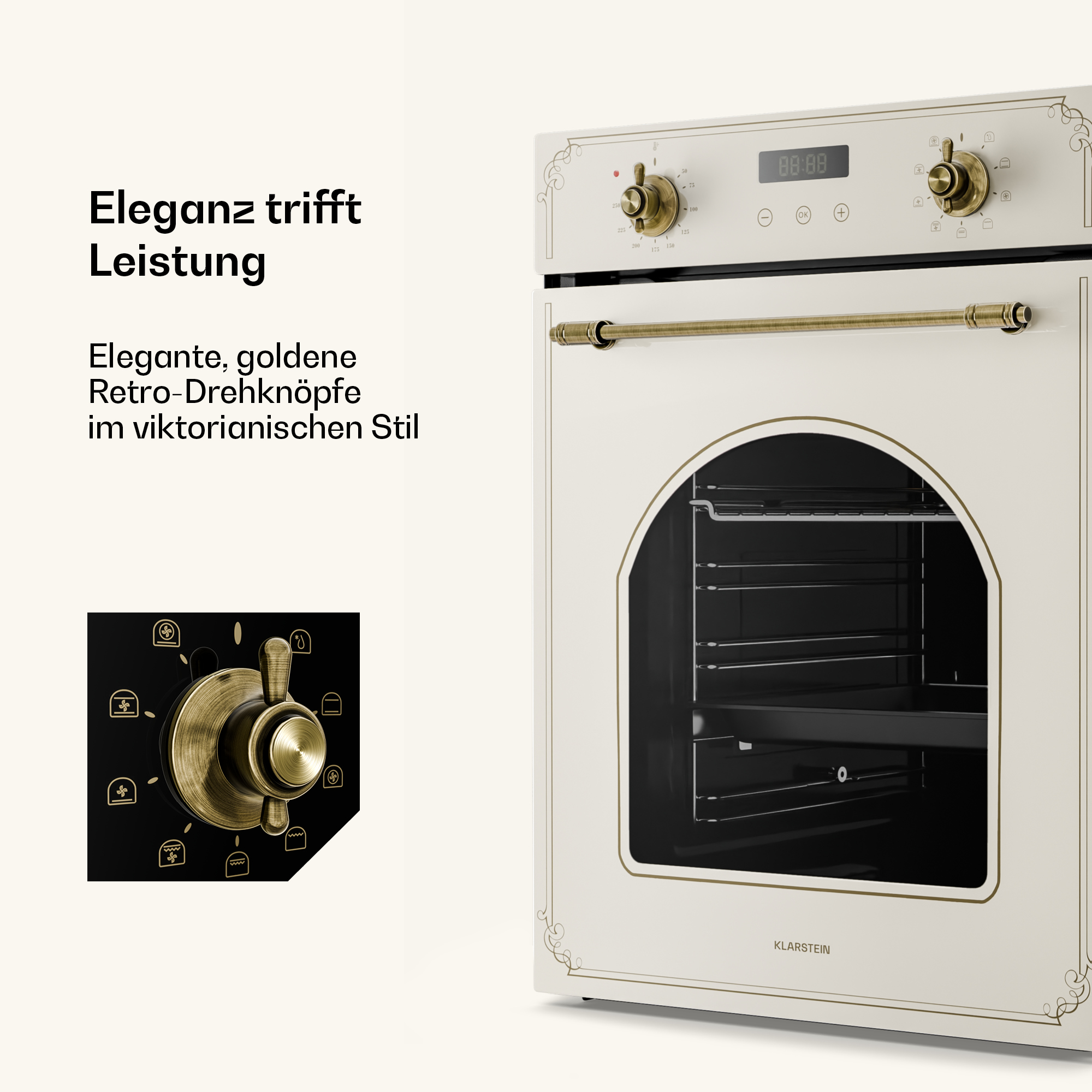 Forno retro beige e oro con display digitale e manopole.