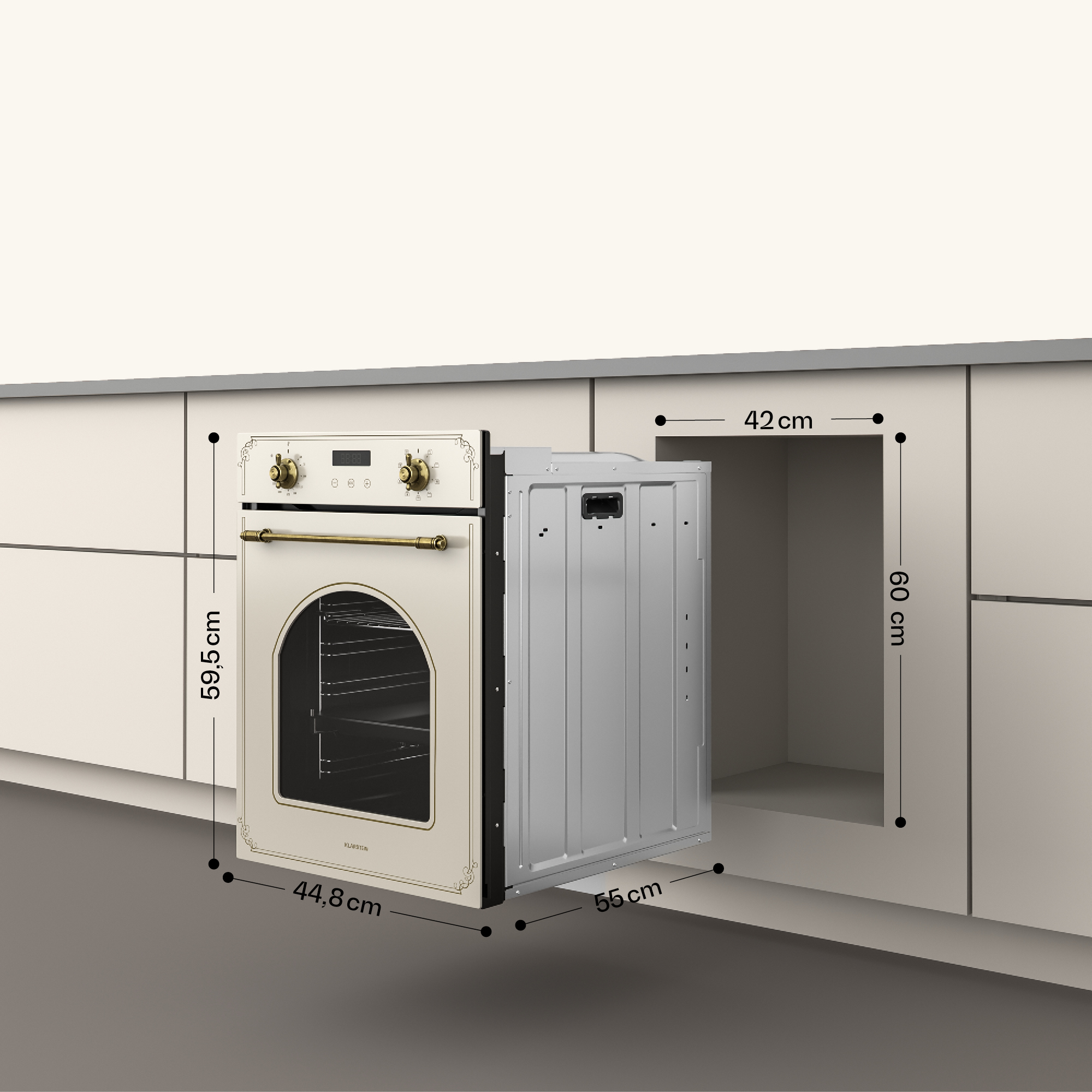 Un forno retrò color crema con dimensioni è posizionato davanti a un mobile da cucina.