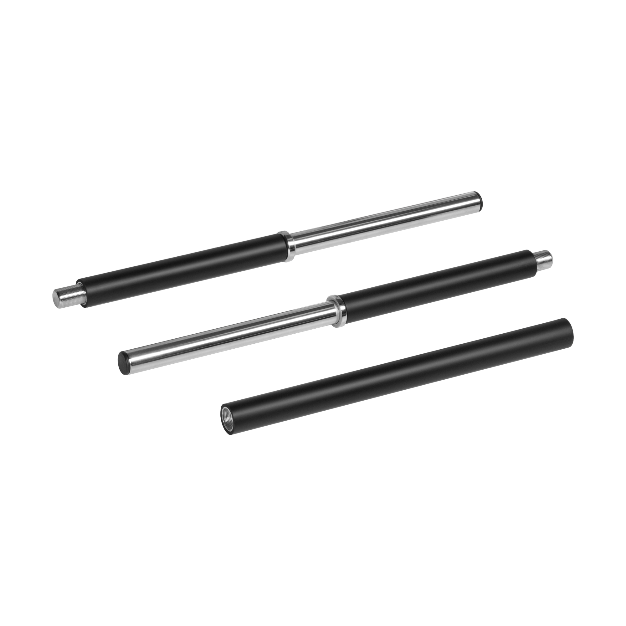 Trzy cylindryczne metalowe i czarne pręty są ułożone ukośnie na czarnym tle.