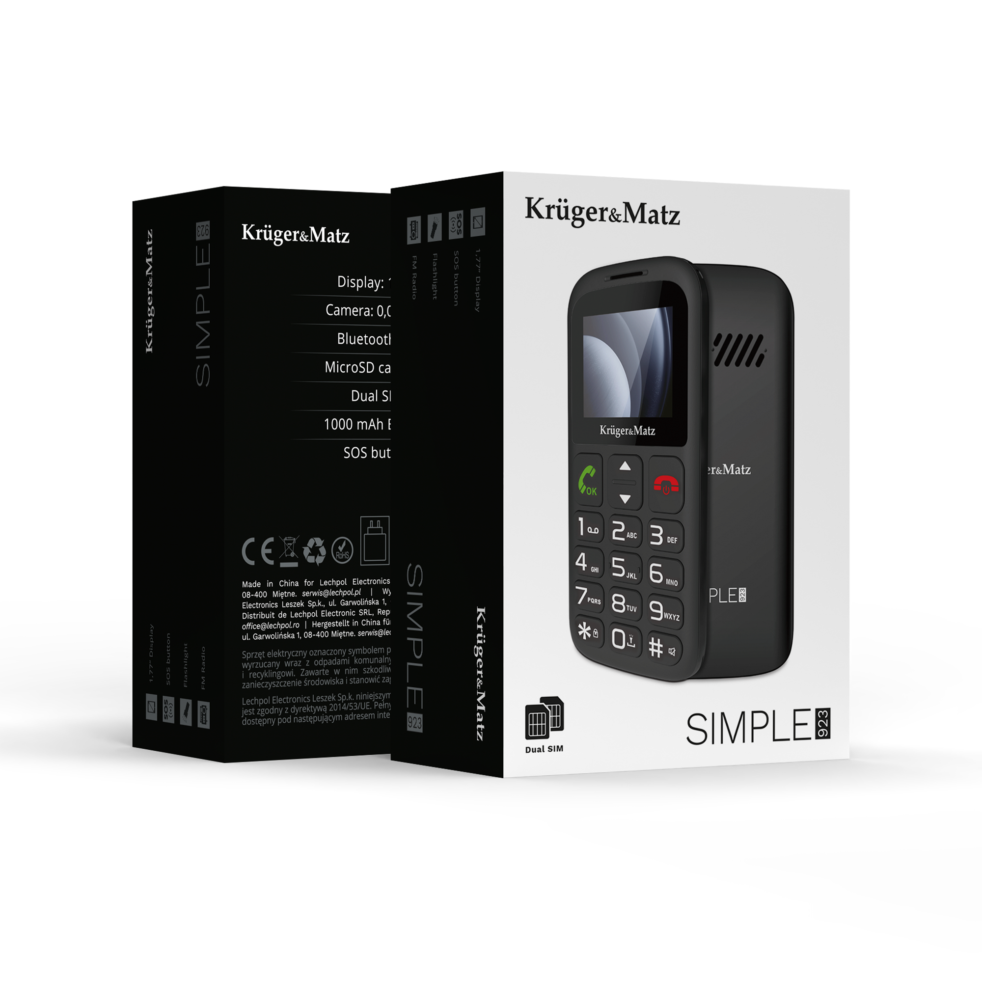 Opakowanie i czarny telefon komórkowy Krüger&Matz Simple 923 Dual SIM na ciemnym tle.