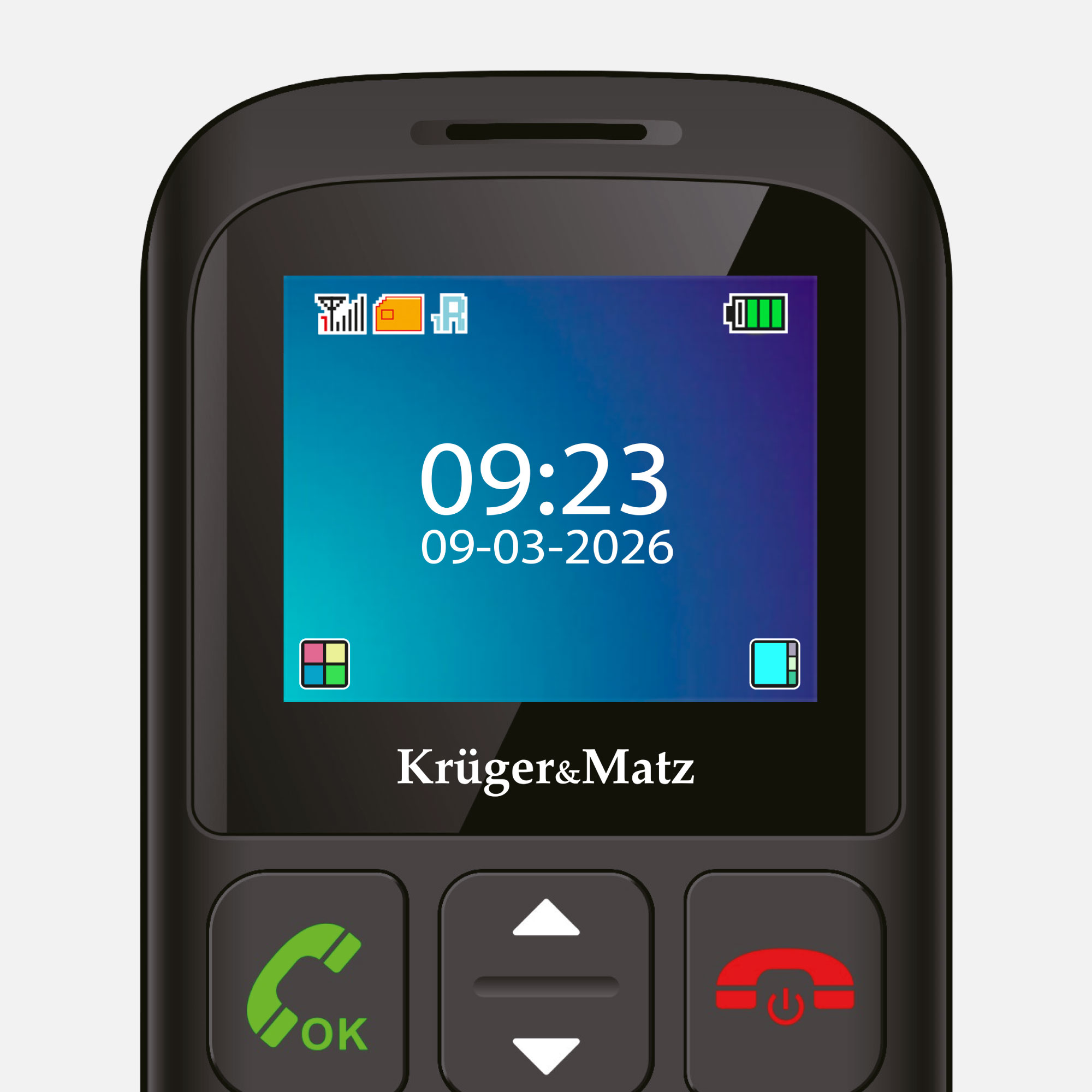 Prosty czarny telefon z niebieskim ekranem pokazującym godzinę 09:23 i datę.