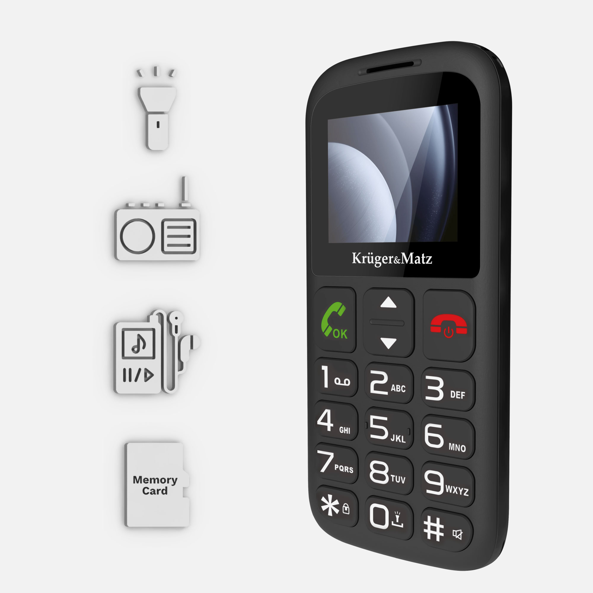 Czarny telefon komórkowy z dużymi przyciskami oraz ikonami latarki, radia, odtwarzacza MP3 i karty pamięci.