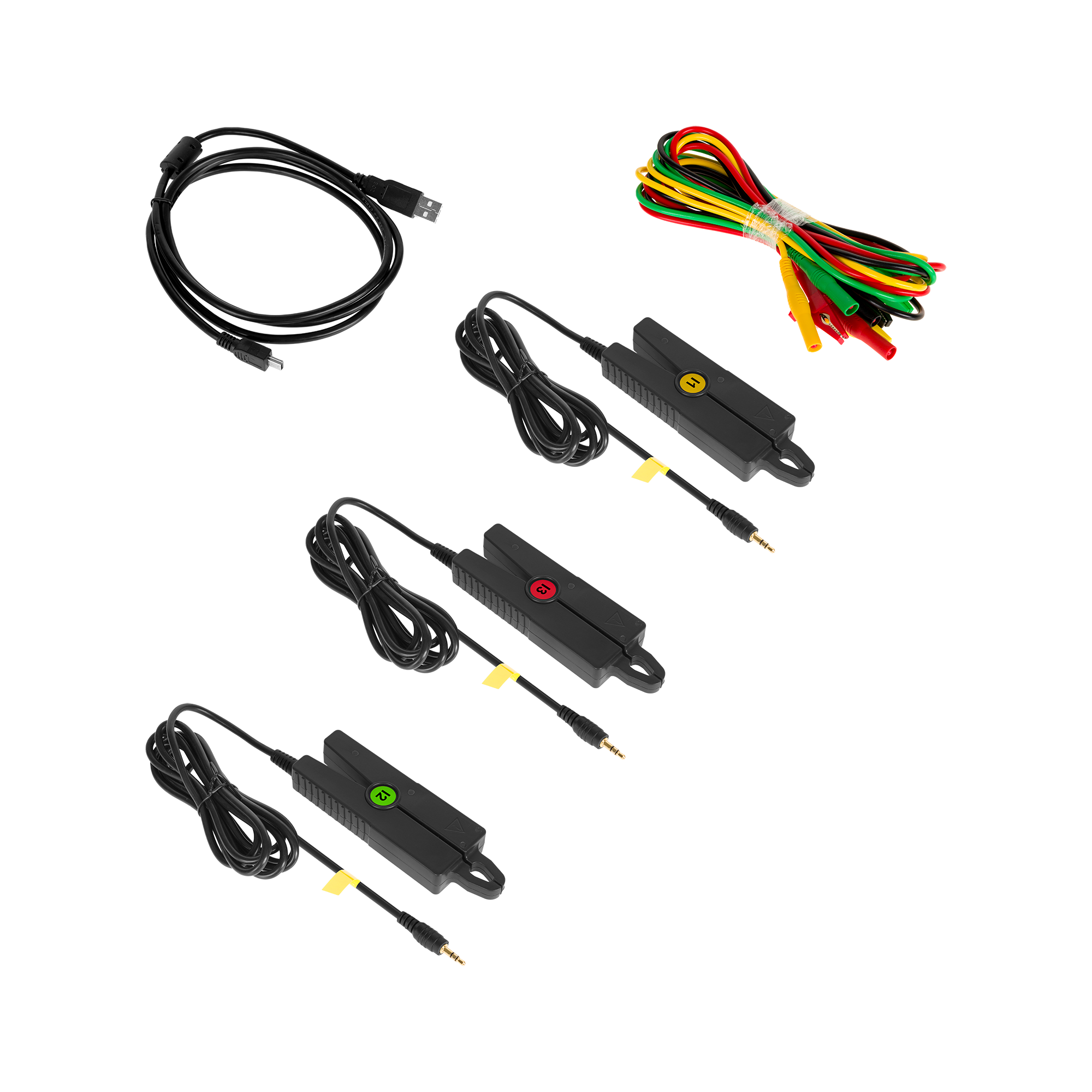 Akcesoria pomiarowe, kabel USB, trzy cęgi prądowe i kolorowe przewody testowe na czarnym tle.