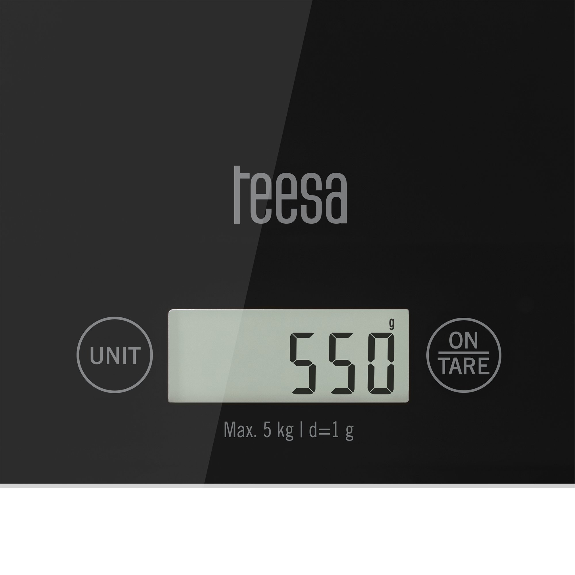 Czarna cyfrowa waga kuchenna wskazuje 550 g, z logo Teesa i przyciskami.
