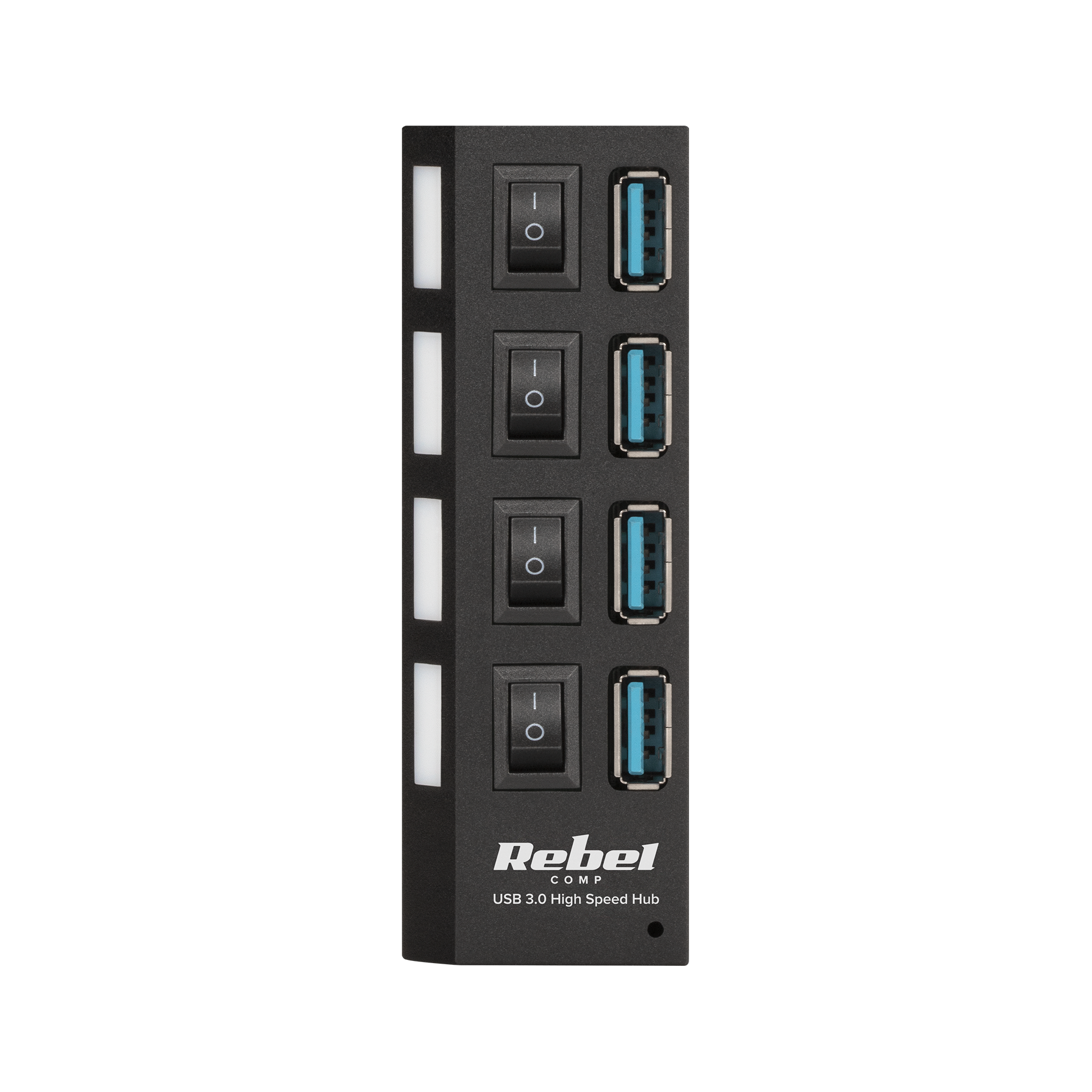 Czarny hub USB 3.0 Rebel Comp z czterema portami i osobnymi wyłącznikami na czarnym tle.