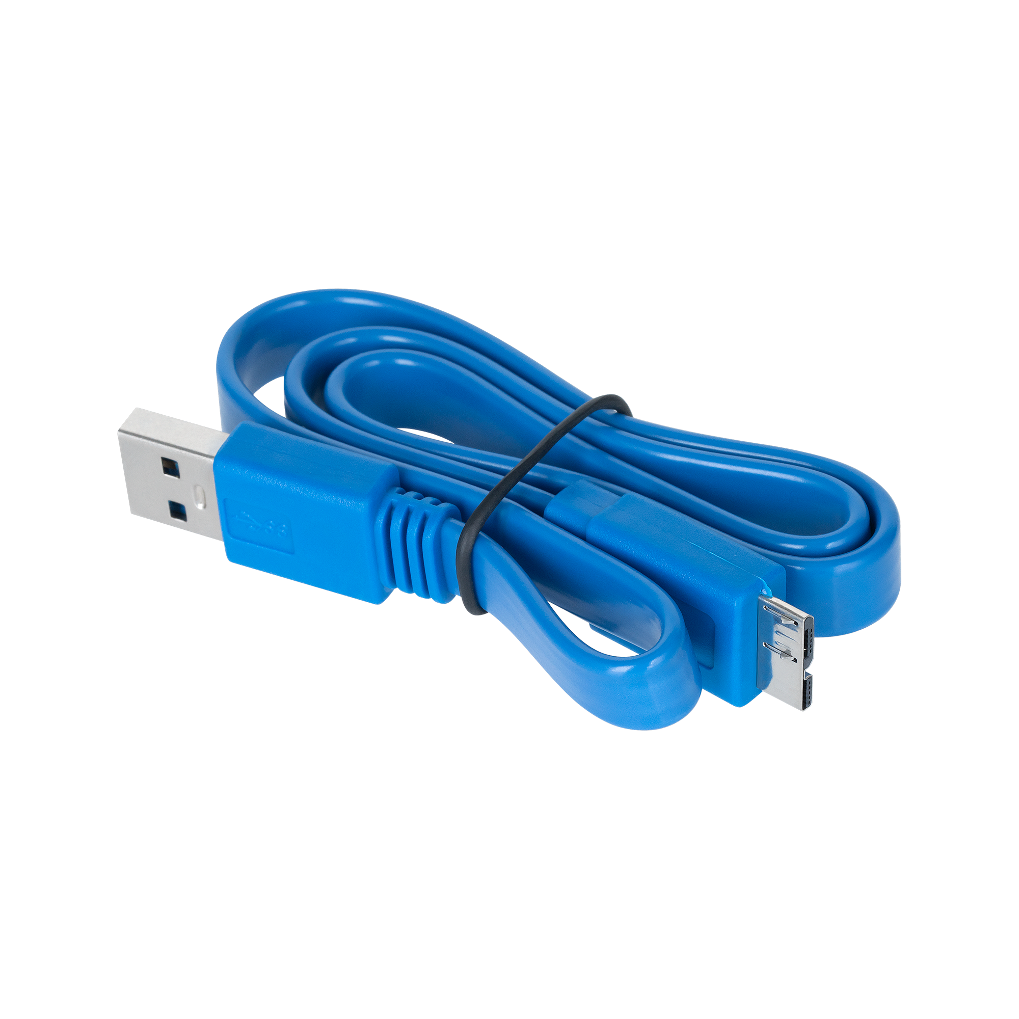 Zwinięty niebieski kabel USB z metalowymi złączami na czarnym tle.