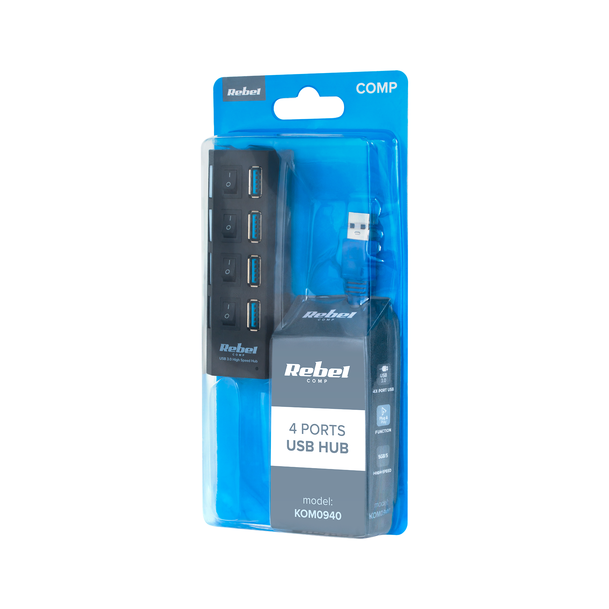 Zapakowany czarny 4-portowy hub USB Rebel Comp w niebieskim plastikowym opakowaniu.