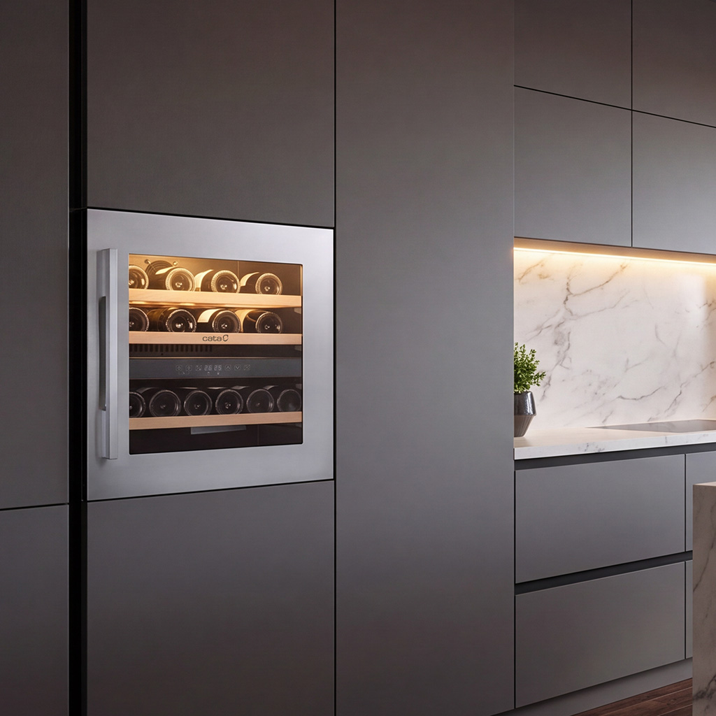 Moderna vinoteca gris empotrada en una cocina oscura con encimera de mármol e iluminación cálida.