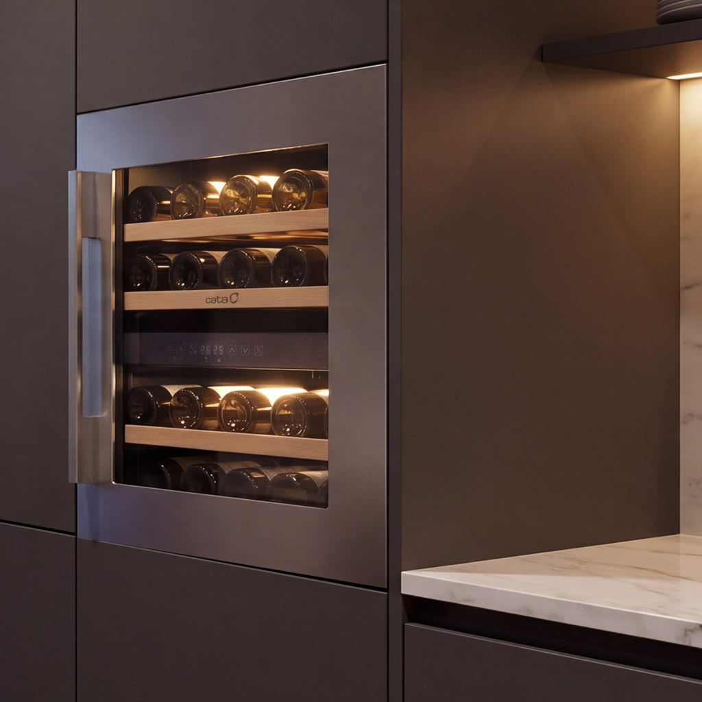 Una vinoteca empotrable con estantes de madera iluminados en una cocina moderna y oscura.