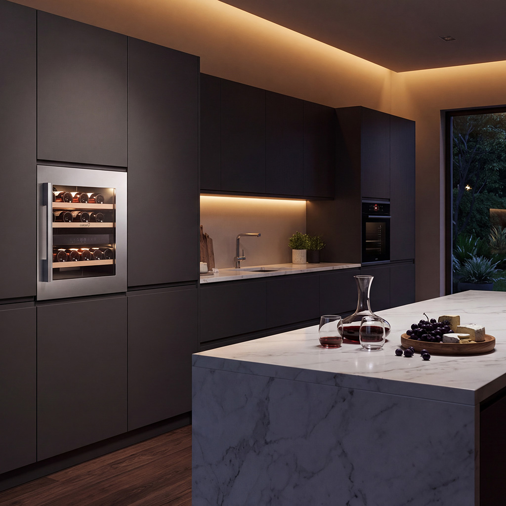 Moderna cocina oscura con vinoteca integrada, isla de mármol, decantador, copas y uvas.