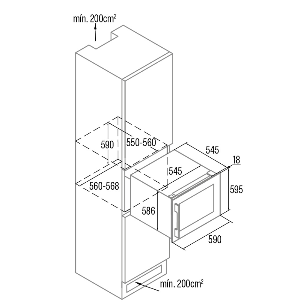 Dibujo técnico con medidas para instalar un horno empotrado en un mueble de cocina.