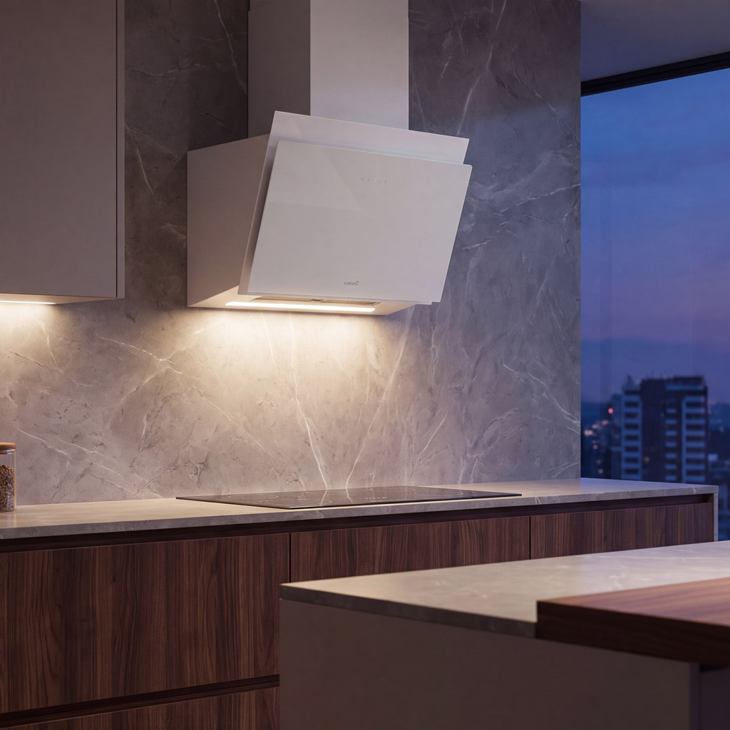 Moderna campana extractora blanca sobre la placa de cocción en una cocina con pared de mármol y vista a la ciudad al atardecer.