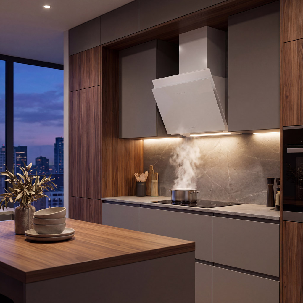 Una cocina moderna con una olla hirviendo en la estufa, vapor y vista a la ciudad al atardecer de fondo.