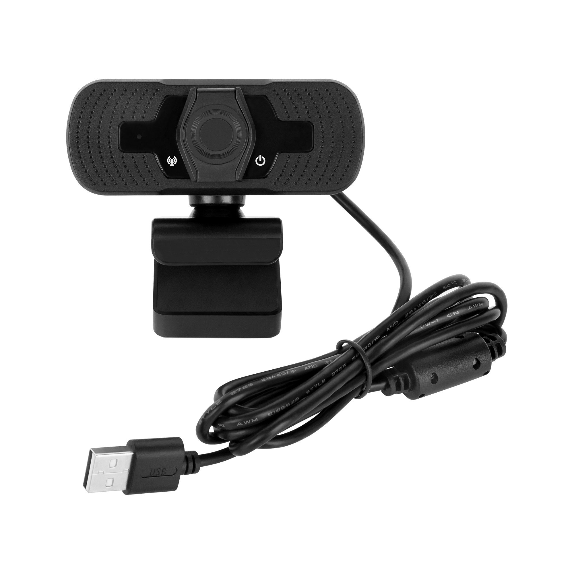 Czarna kamera internetowa USB ze stojakiem i podłączonym kablem na czarnym tle.