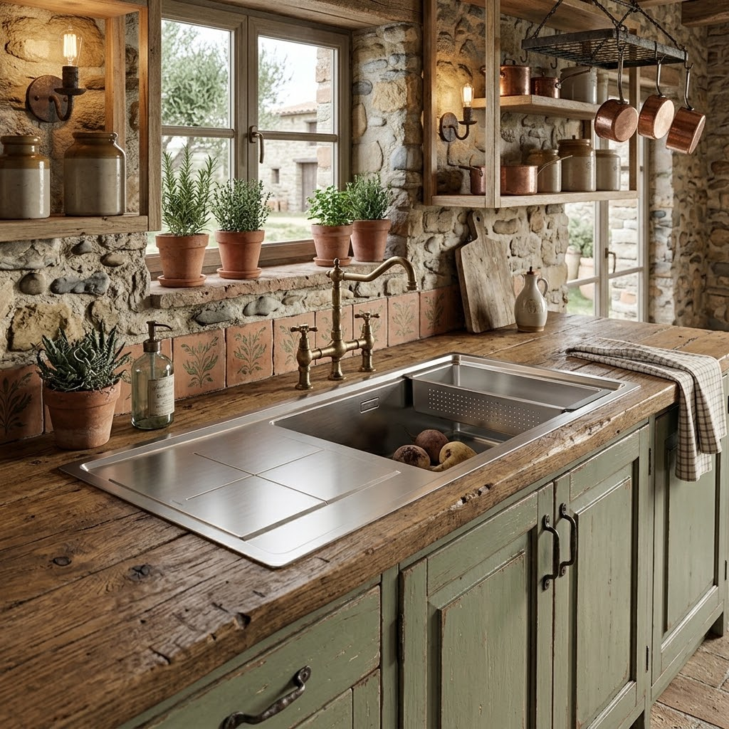 Cucina rustica con lavello in acciaio inox, piano di lavoro in legno, parete in pietra e padelle in rame appese.