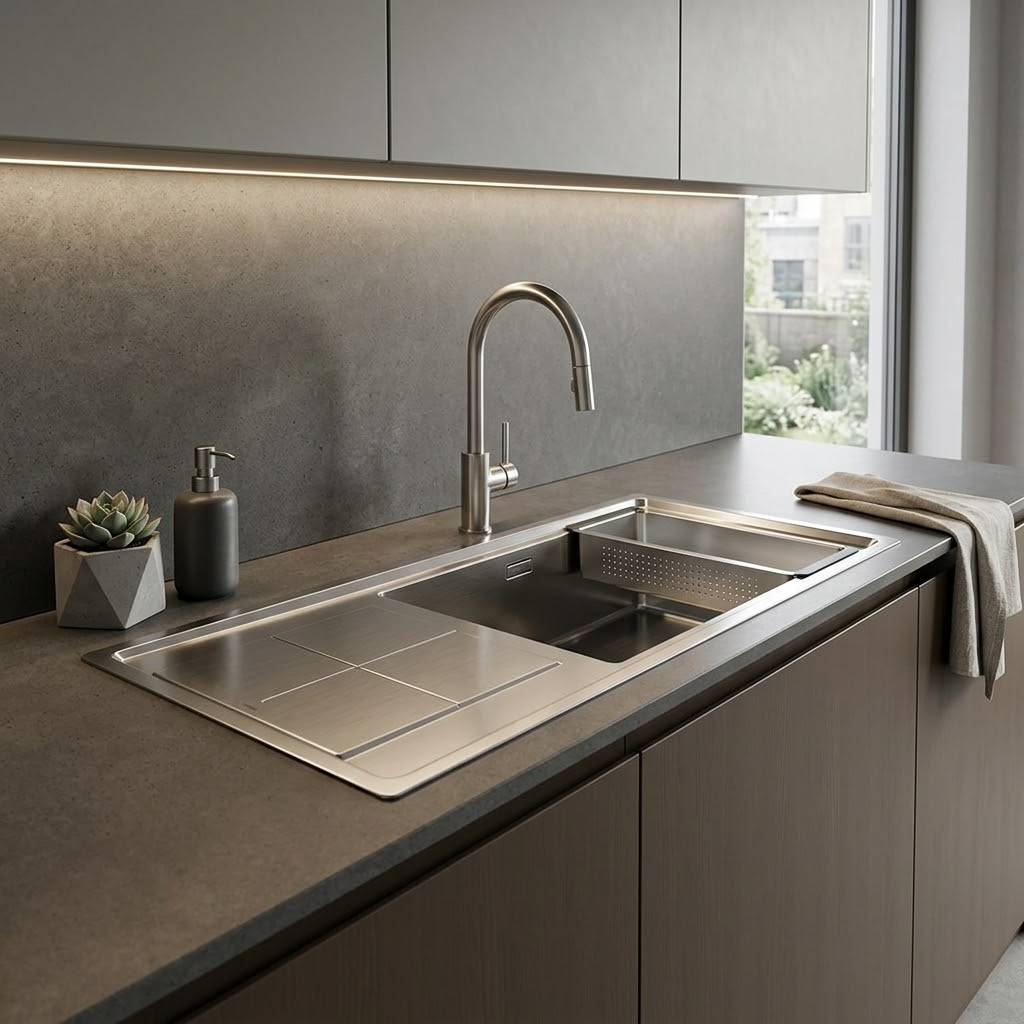 Lavello moderno su piano scuro con rubinetto, pianta e strofinaccio.